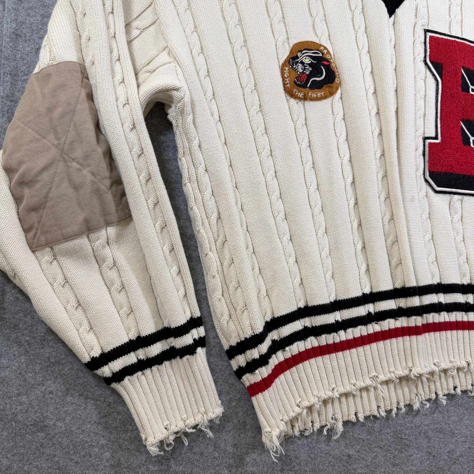 Found Co Varsity Cricket Sweater Men XL Cream Cable Knit Distressed Retro Preppy thumbnail 4
