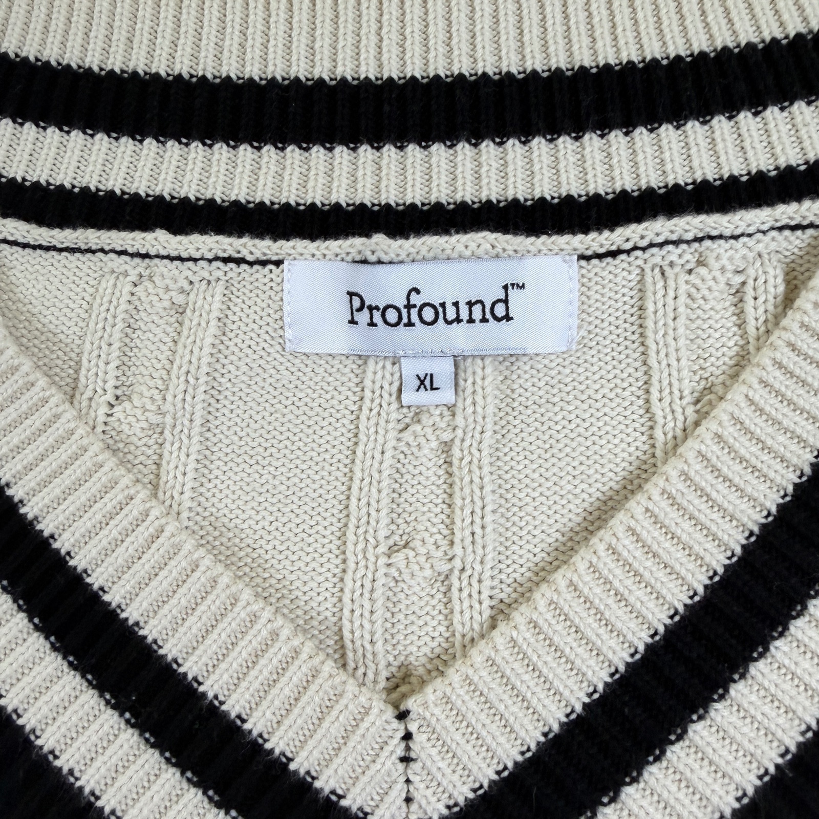 Found Co Varsity Cricket Sweater Men XL Cream Cable Knit Distressed Retro Preppy thumbnail 5
