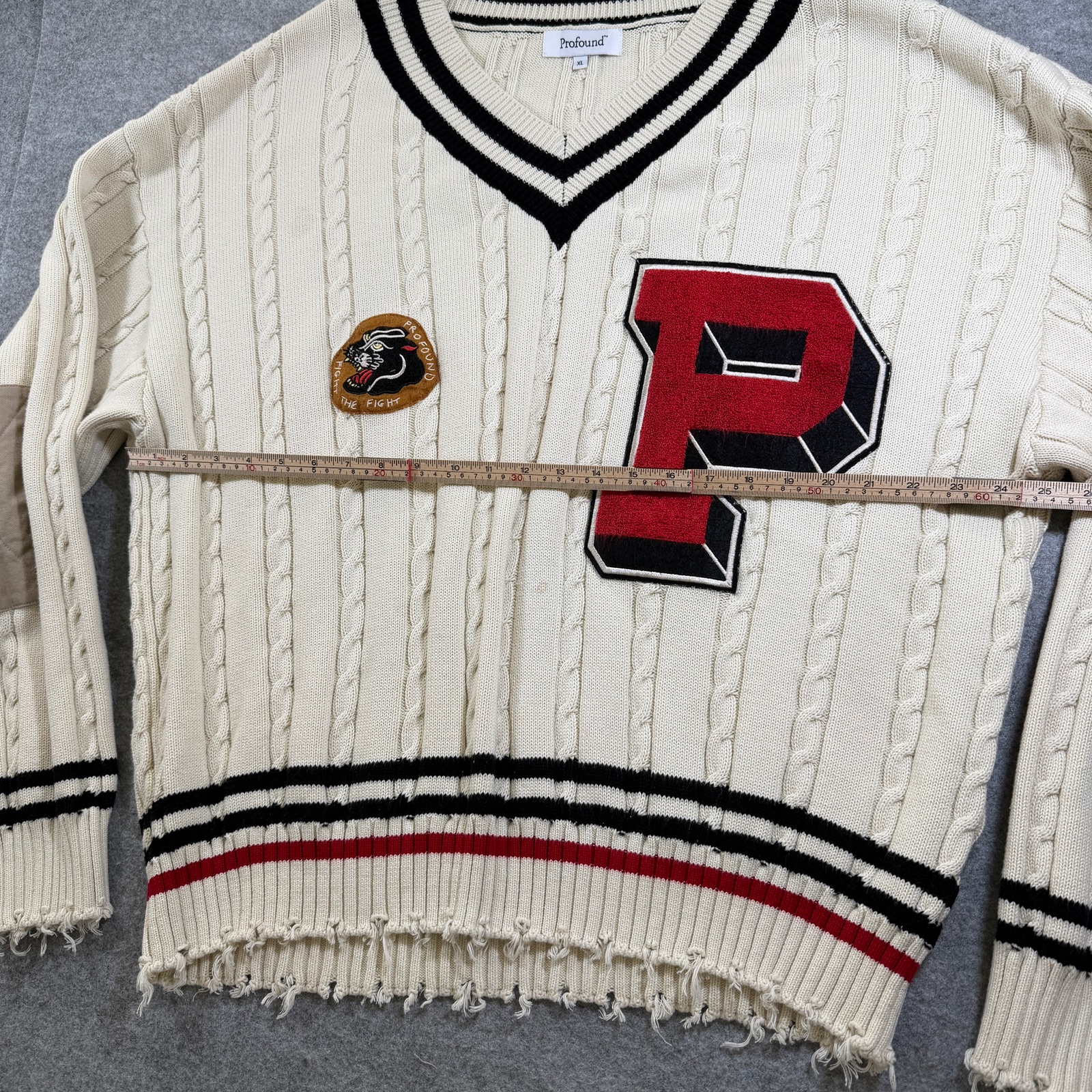 Found Co Varsity Cricket Sweater Men XL Cream Cable Knit Distressed Retro Preppy thumbnail 6