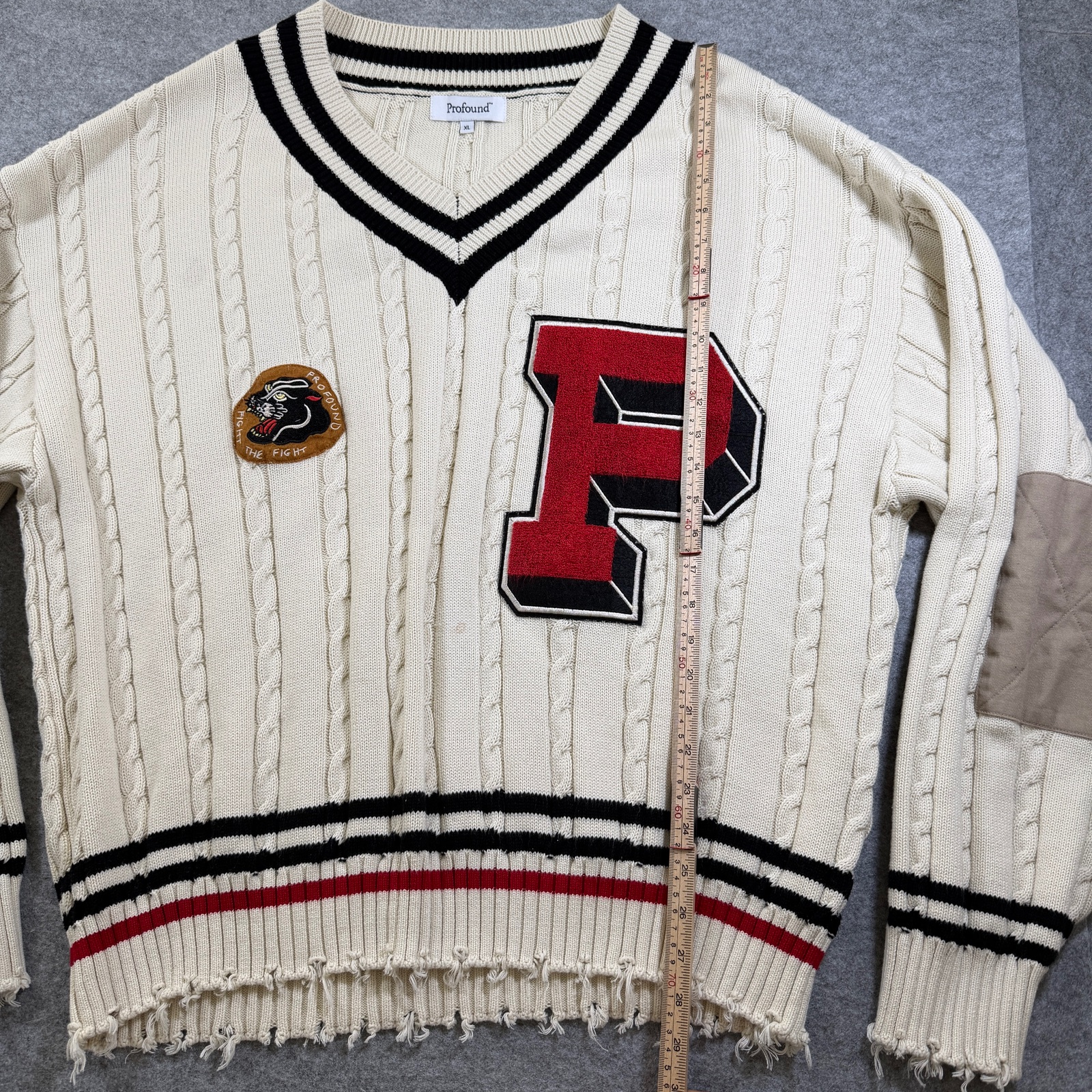 Found Co Varsity Cricket Sweater Men XL Cream Cable Knit Distressed Retro Preppy thumbnail 7