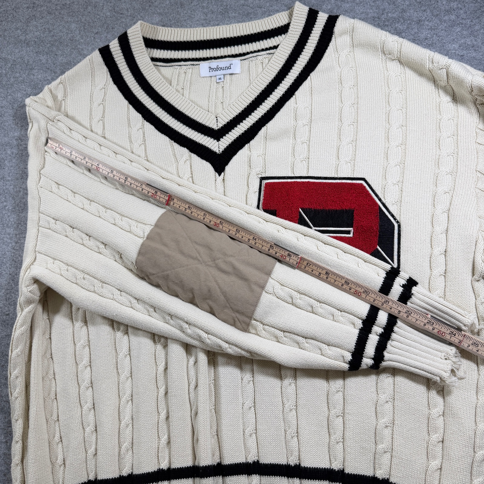 Found Co Varsity Cricket Sweater Men XL Cream Cable Knit Distressed Retro Preppy thumbnail 8