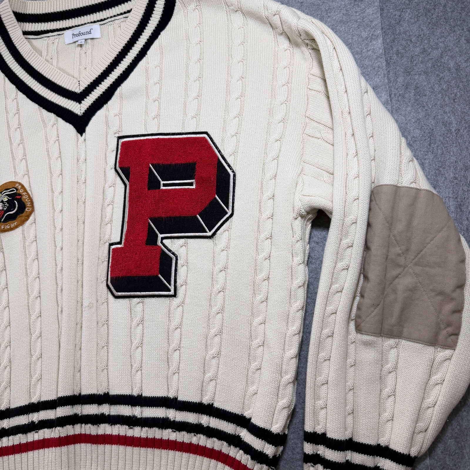 Found Co Varsity Cricket Sweater Men XL Cream Cable Knit Distressed Retro Preppy thumbnail 9