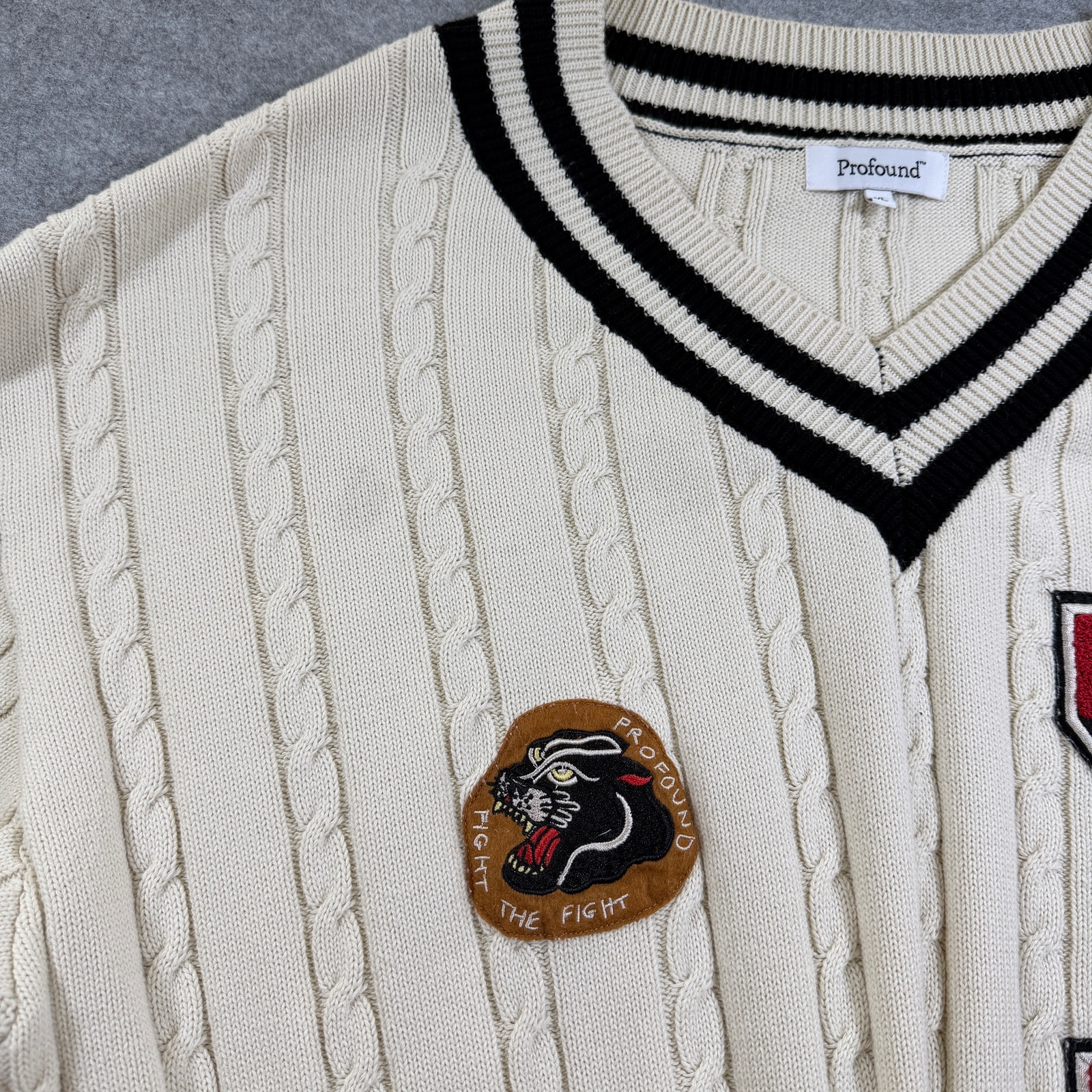 Found Co Varsity Cricket Sweater Men XL Cream Cable Knit Distressed Retro Preppy thumbnail 10