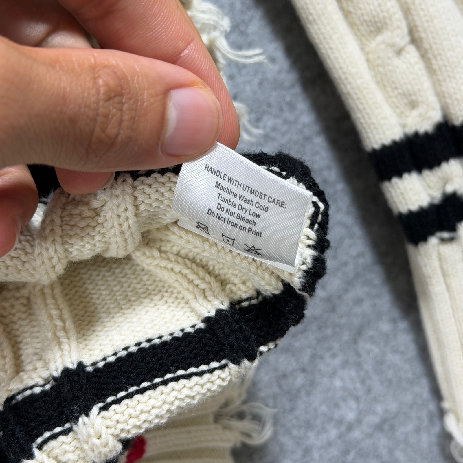 Found Co Varsity Cricket Sweater Men XL Cream Cable Knit Distressed Retro Preppy thumbnail 12