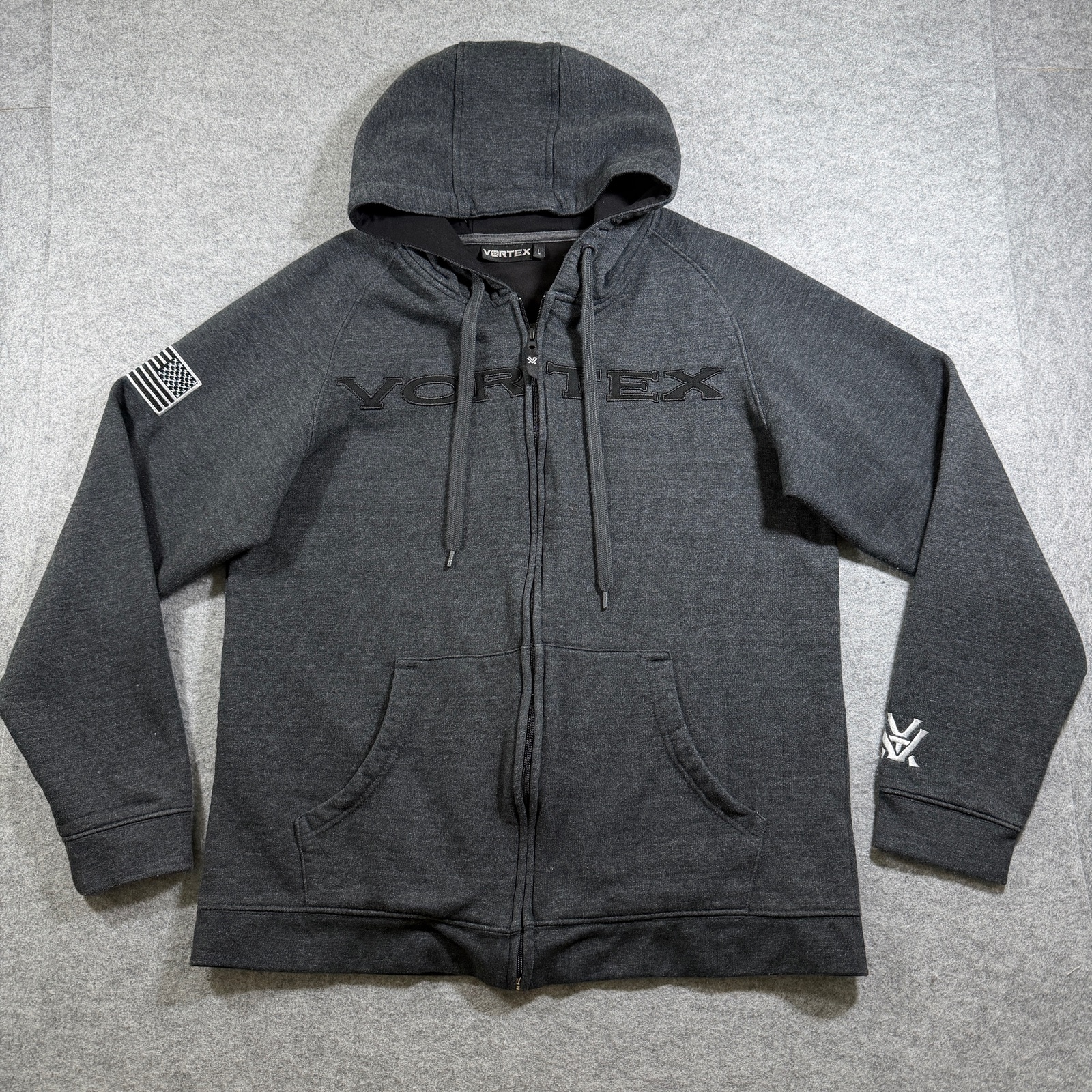 Vortex Full Zip Hoodie Mens L Dark Gray Heavyweight Fleece Flag Patch Outdoor