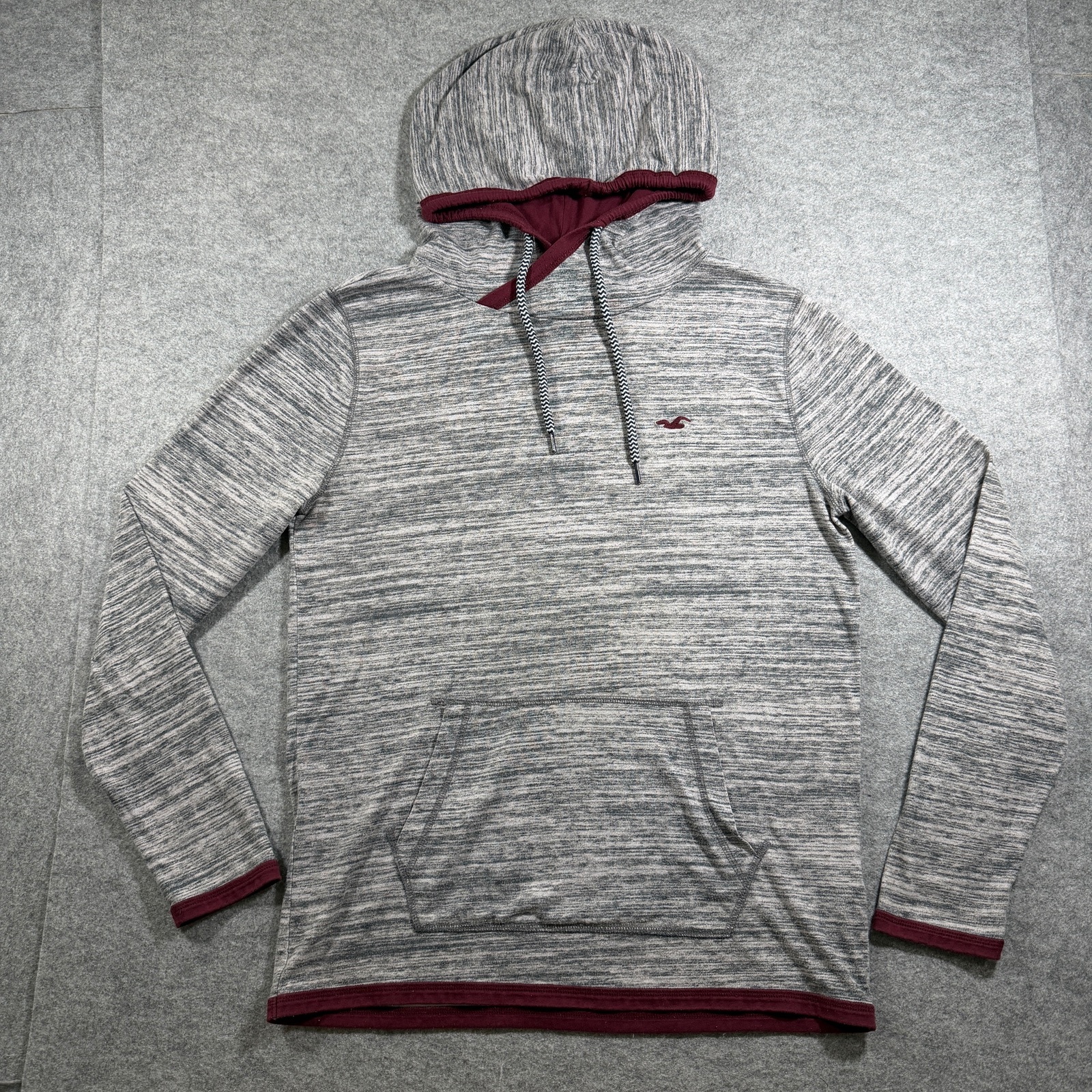 Hollister Hoodie Mens M Gray Heather Maroon Trim Lightweight Cotton Pullover
