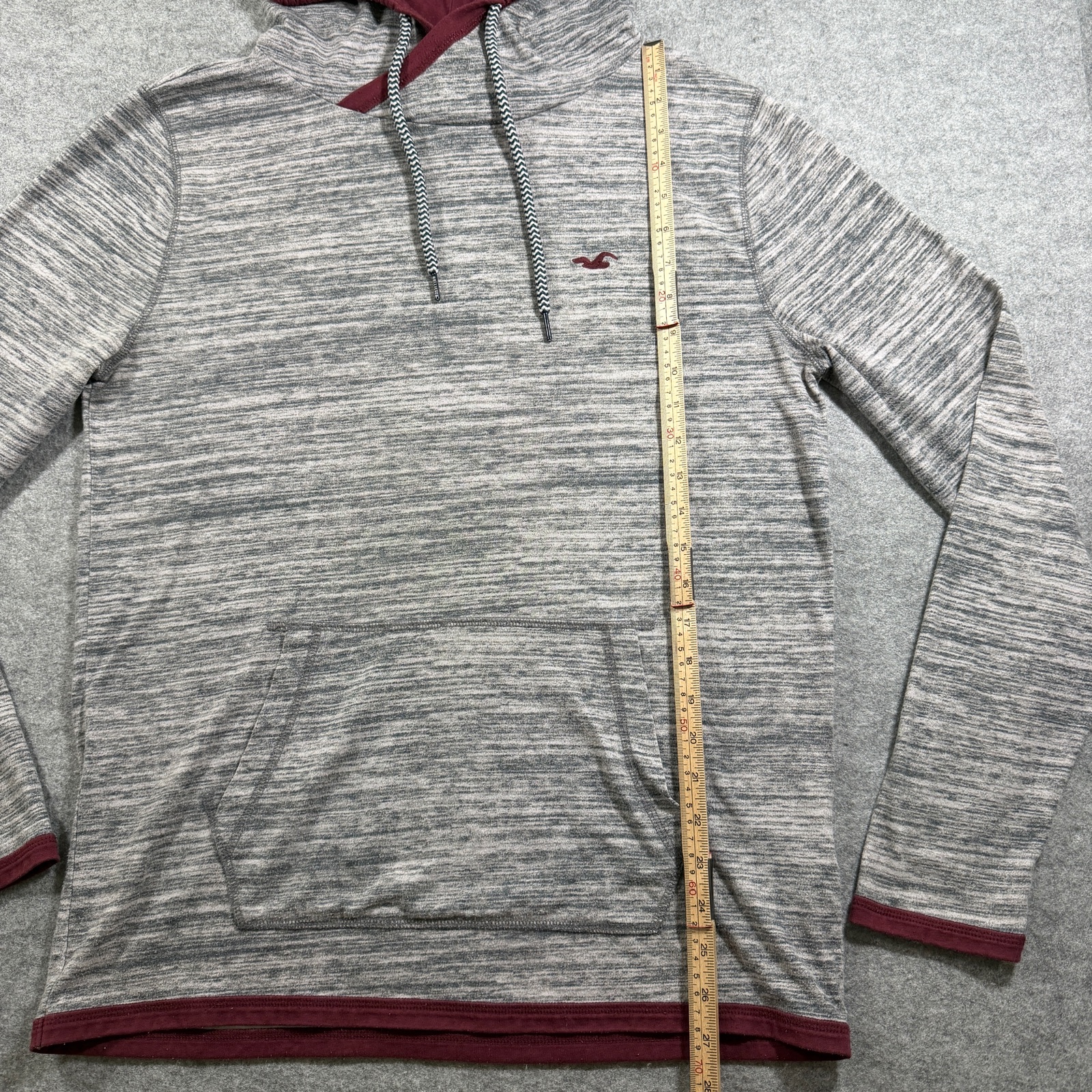 Hollister Hoodie Mens M Gray Heather Maroon Trim Lightweight Cotton Pullover thumbnail 7