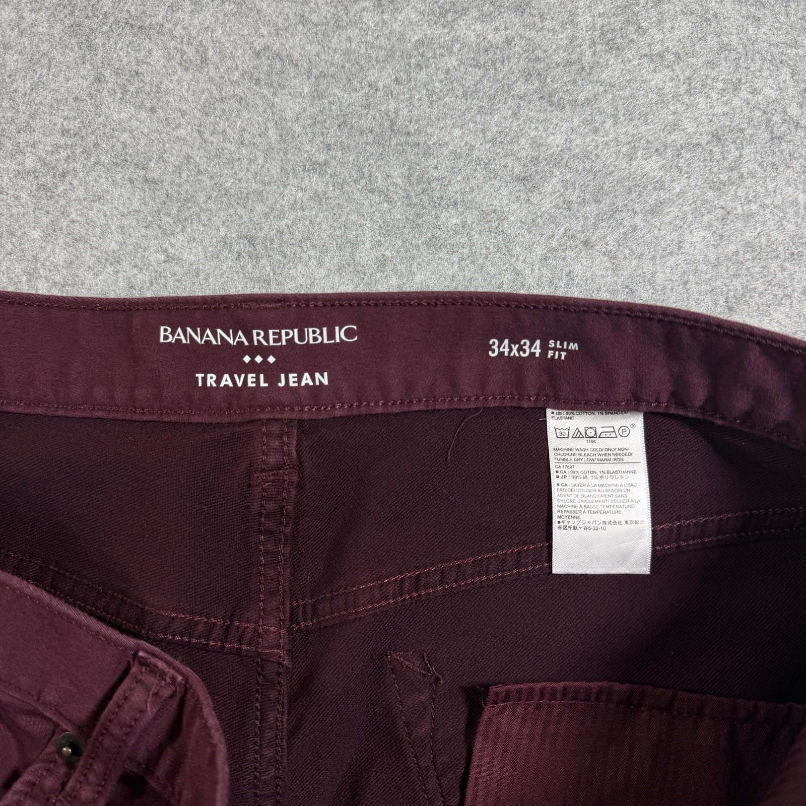 Banana Republic Travel Jeans Mens 34x34 Wine Burgundy Slim Stretch Denim Pants thumbnail 4