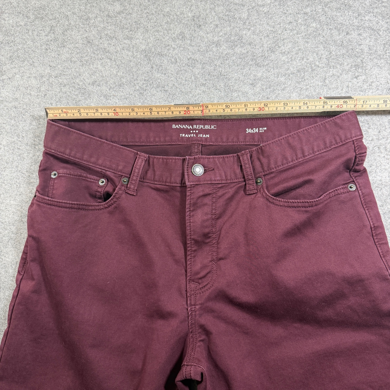 Banana Republic Travel Jeans Mens 34x34 Wine Burgundy Slim Stretch Denim Pants thumbnail 6