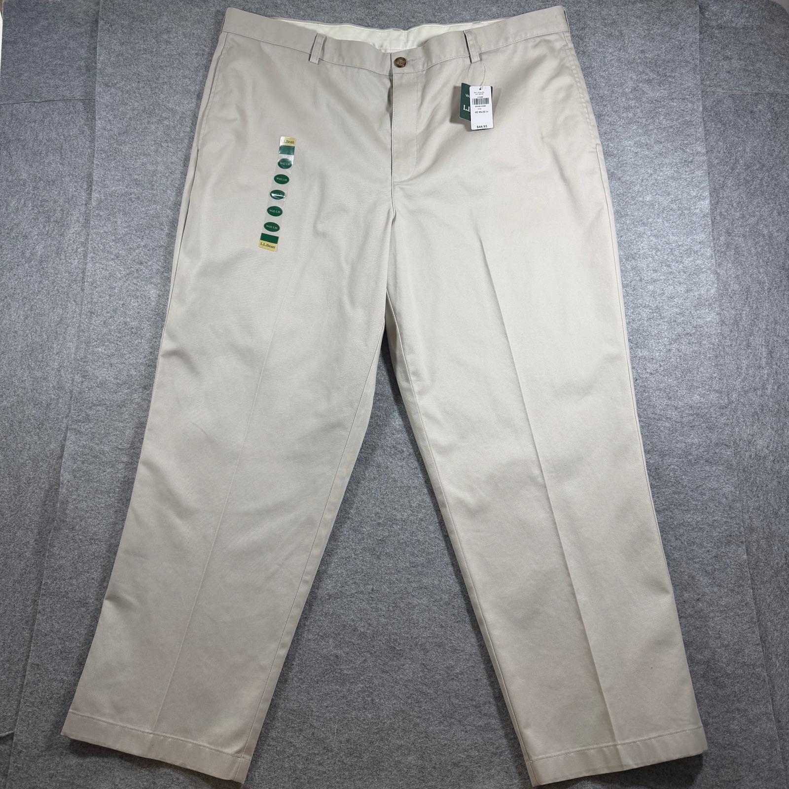 L.L.Bean Double L Chino Pants Mens 42x30 Khaki NWT Cotton Flat Front Natural Fit