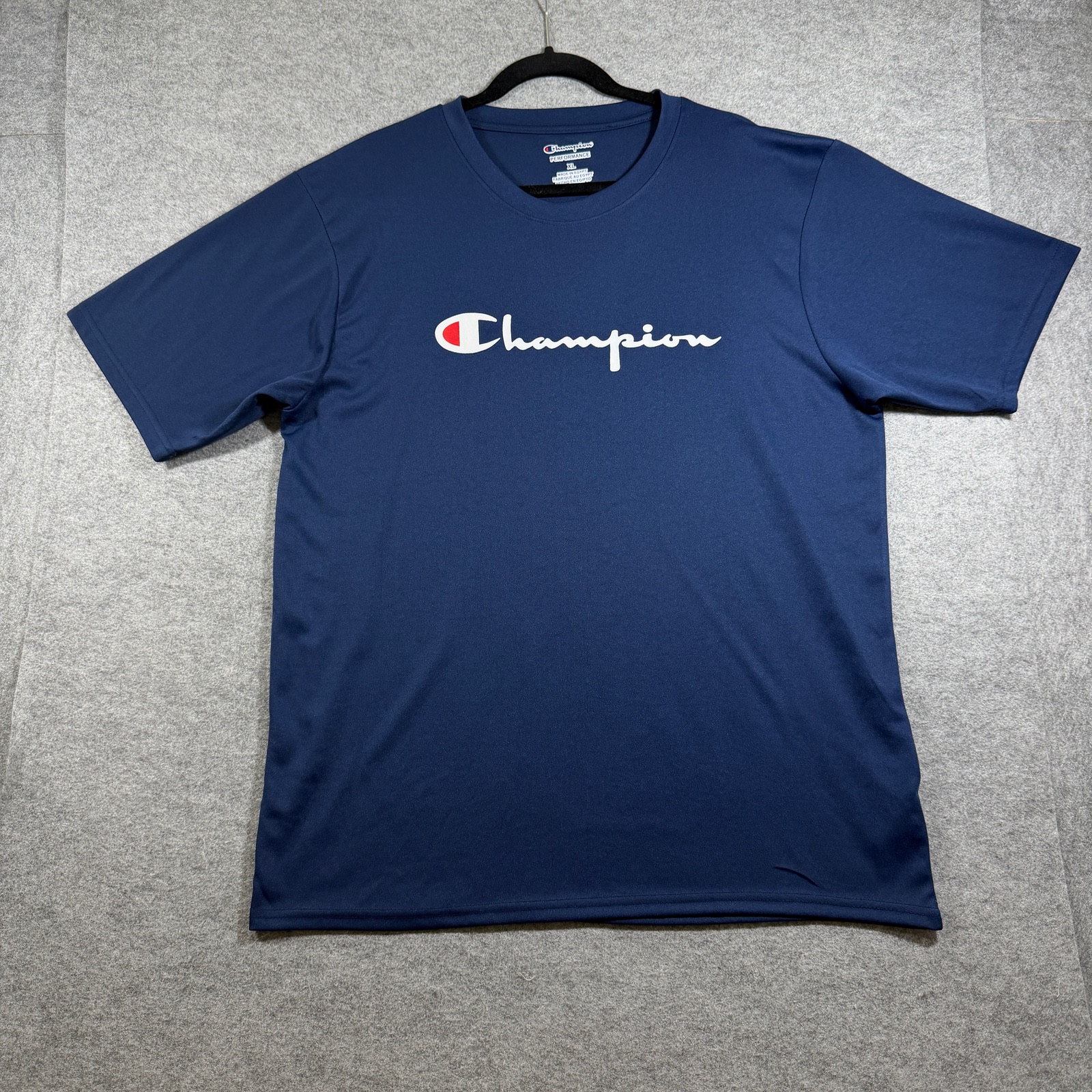 Champion Performance T-Shirt Mens XL Navy Blue Script Logo Crew Neck Lightweight