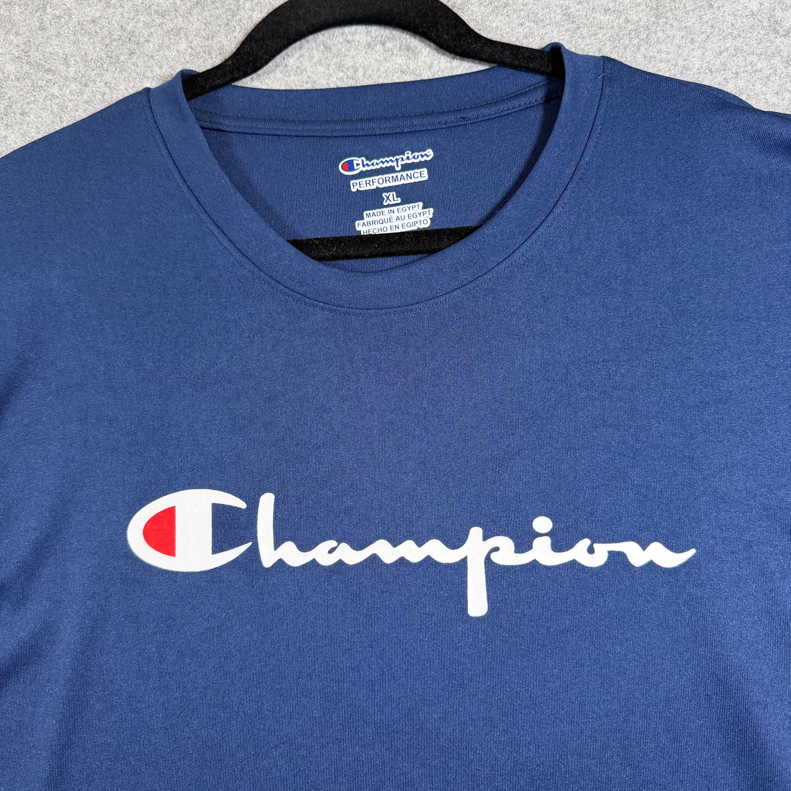 Champion Performance T-Shirt Mens XL Navy Blue Script Logo Crew Neck Lightweight thumbnail 4
