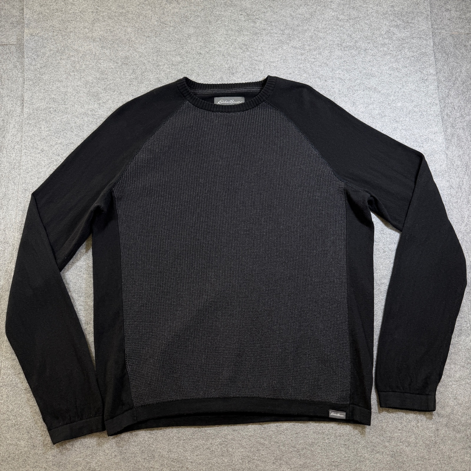 Eddie Bauer Merino Wool Sweater Mens L Black Gray Waffle Knit Raglan Crewneck
