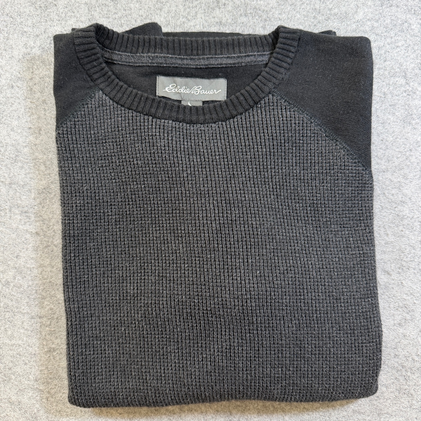Eddie Bauer Merino Wool Sweater Mens L Black Gray Waffle Knit Raglan Crewneck thumbnail 11