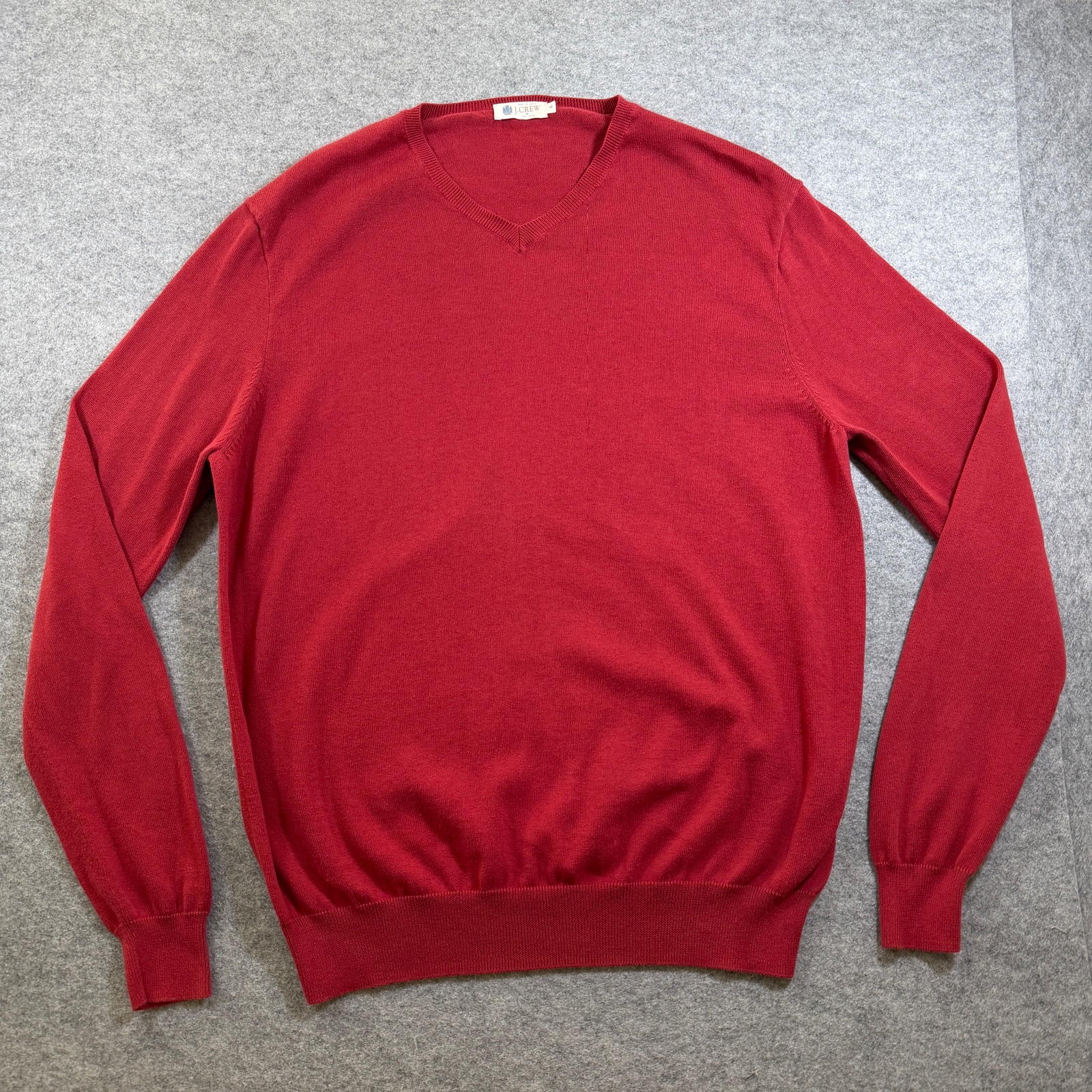 J.Crew V-Neck Knit Sweater Mens L Orange Red Cotton Preppy Classic Pullover
