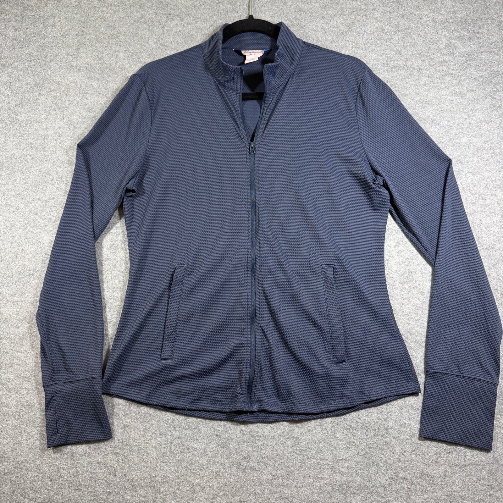 Tommy Bahama Golf Jacket Womens L Navy Stretch Wicking Thumbholes Zip Pockets