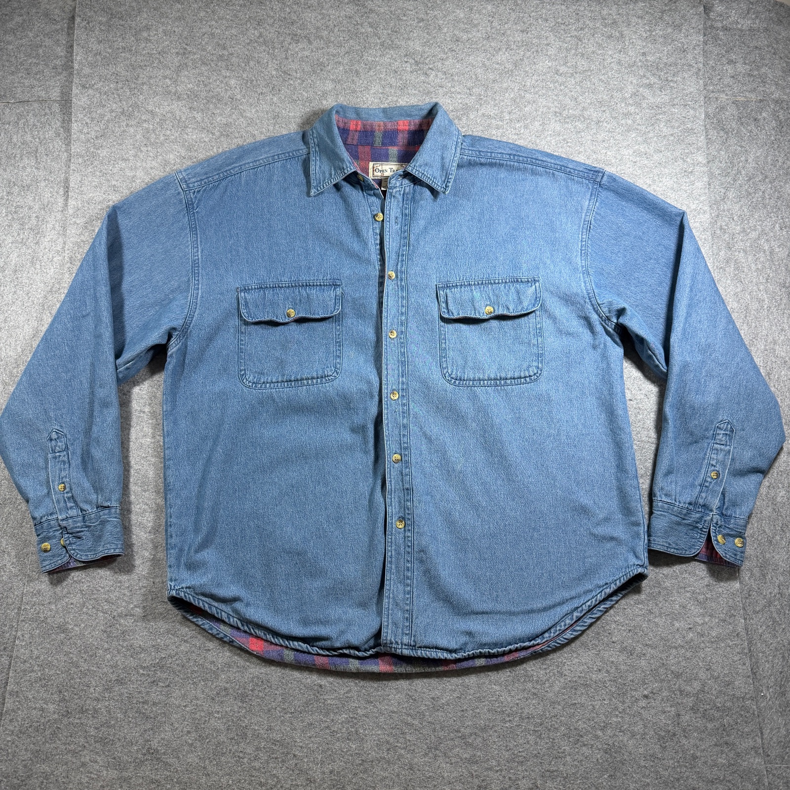 Vintage Open Trails Denim Shirt Jacket Mens XL Blue Flannel Lined Button Up