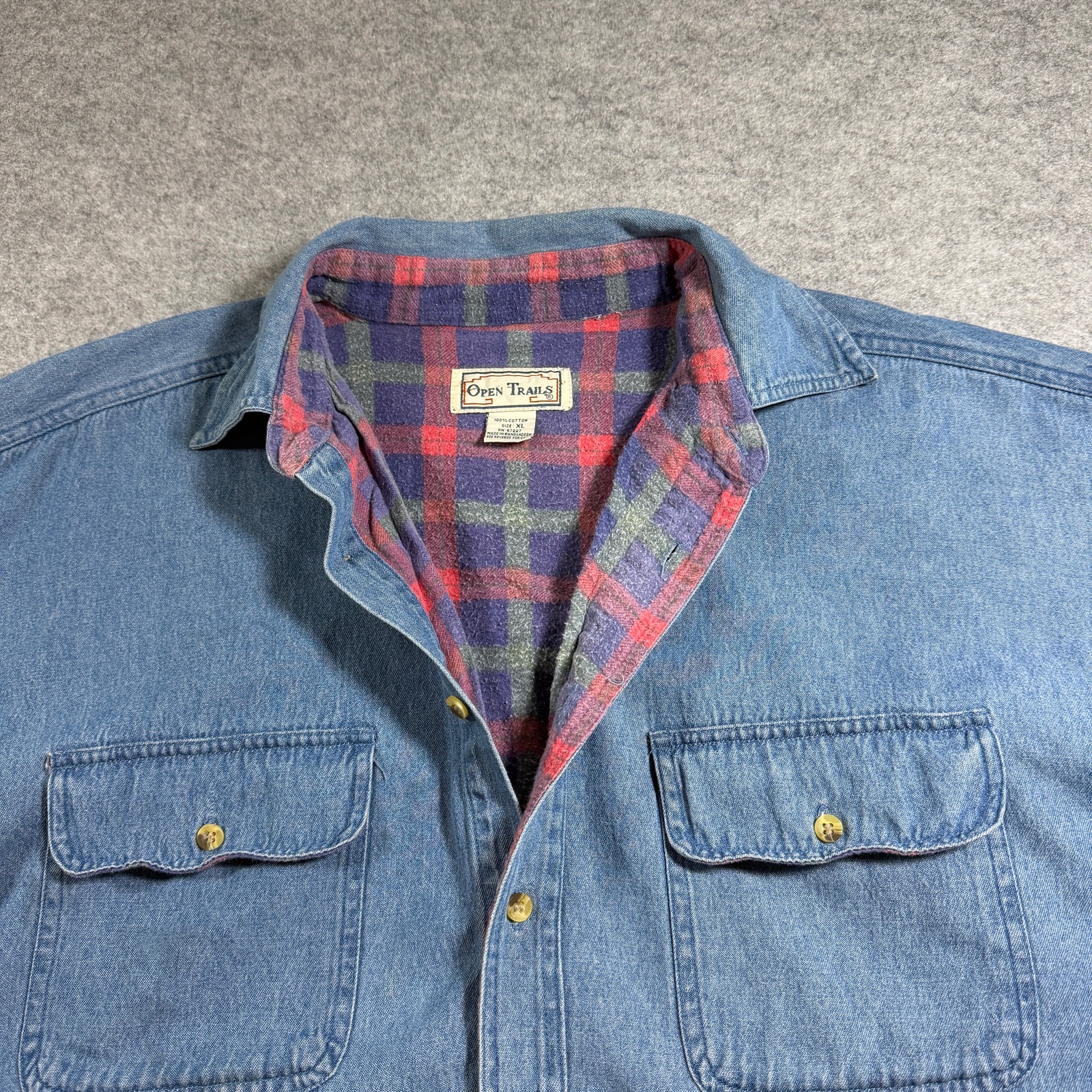 Vintage Open Trails Denim Shirt Jacket Mens XL Blue Flannel Lined Button Up thumbnail 4