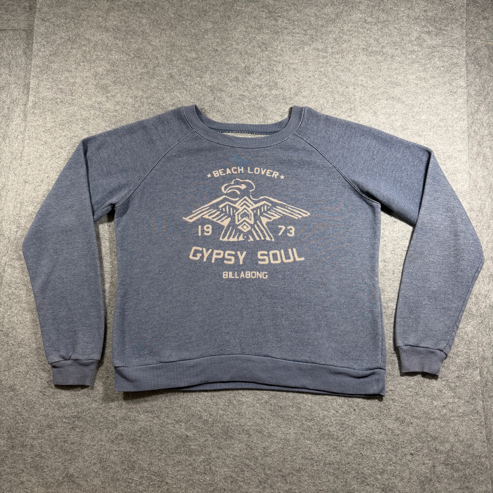 Billabong Gypsy Soul Sweatshirt Womens L Faded Blue Eagle Graphic Raglan