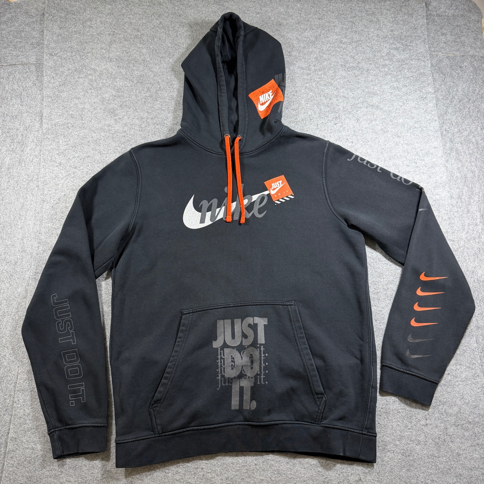 Nike Just Do It All Over Graphic Hoodie Mens L Black Pullover Fleece Drawstring