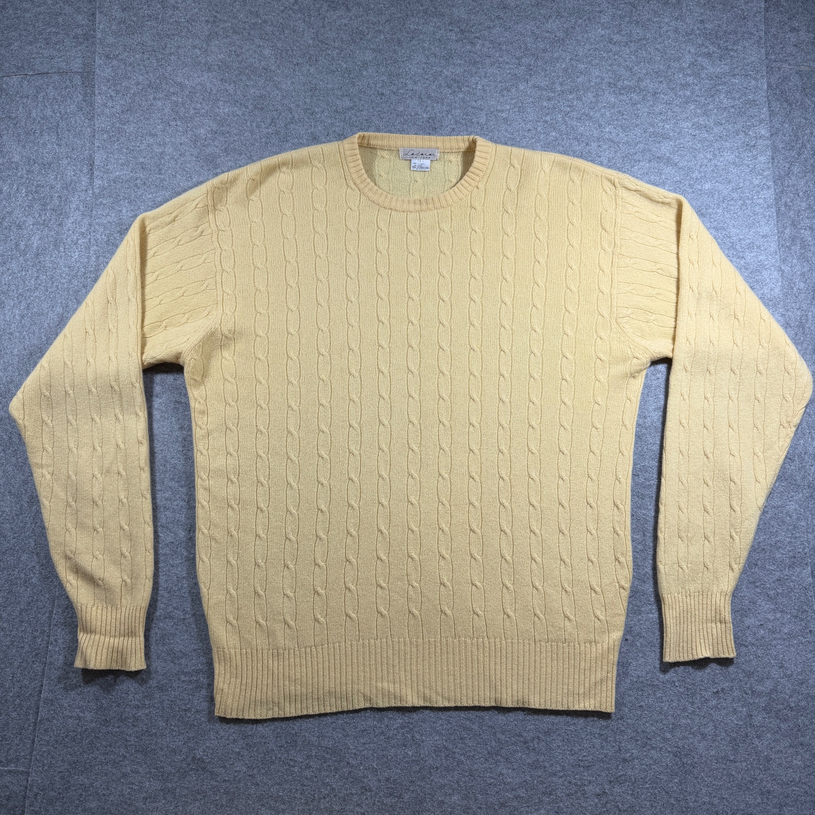 Lederer New York Luxury Cashmere Sweater Mens L Yellow Cable Knit Crewneck