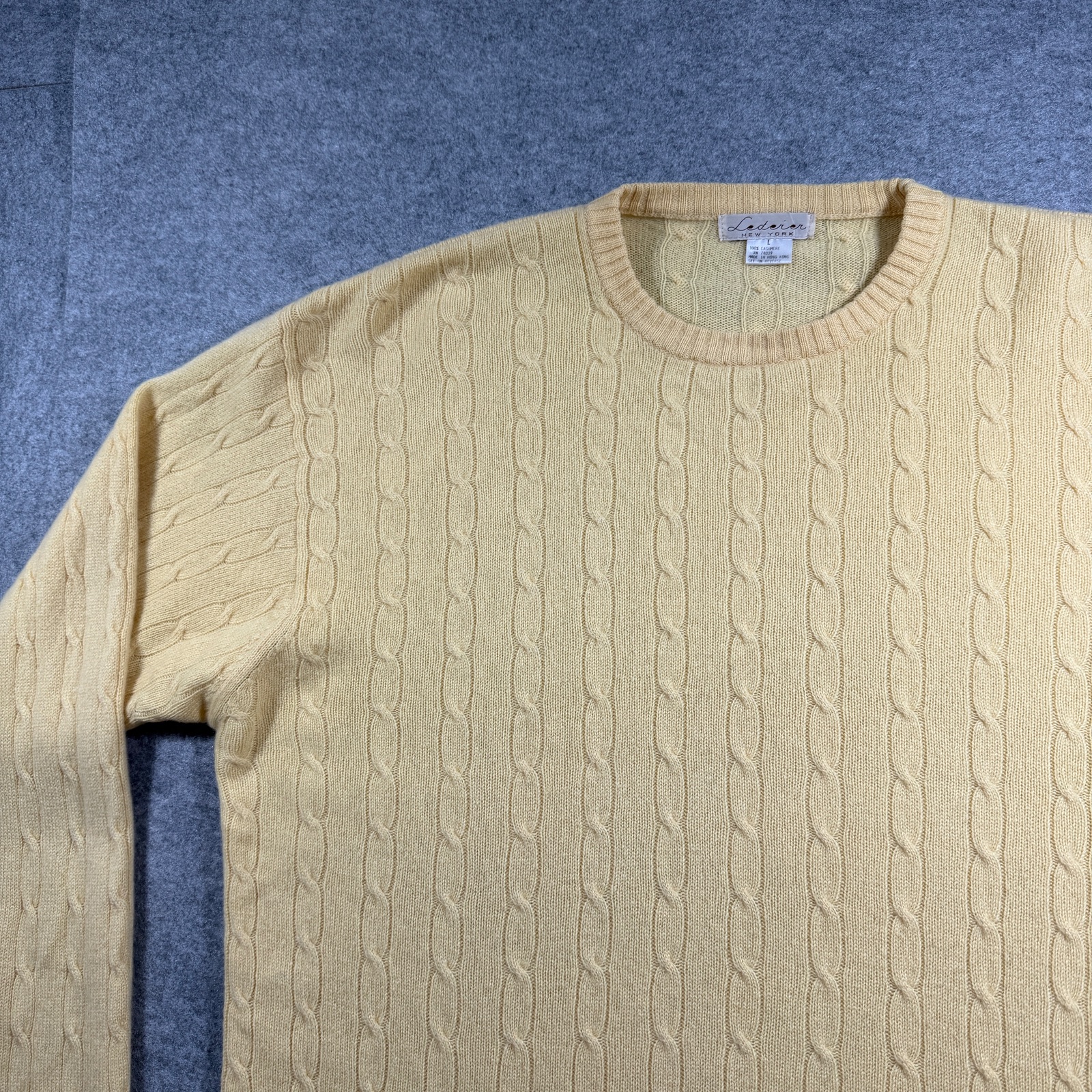 Lederer New York Luxury Cashmere Sweater Mens L Yellow Cable Knit Crewneck thumbnail 4