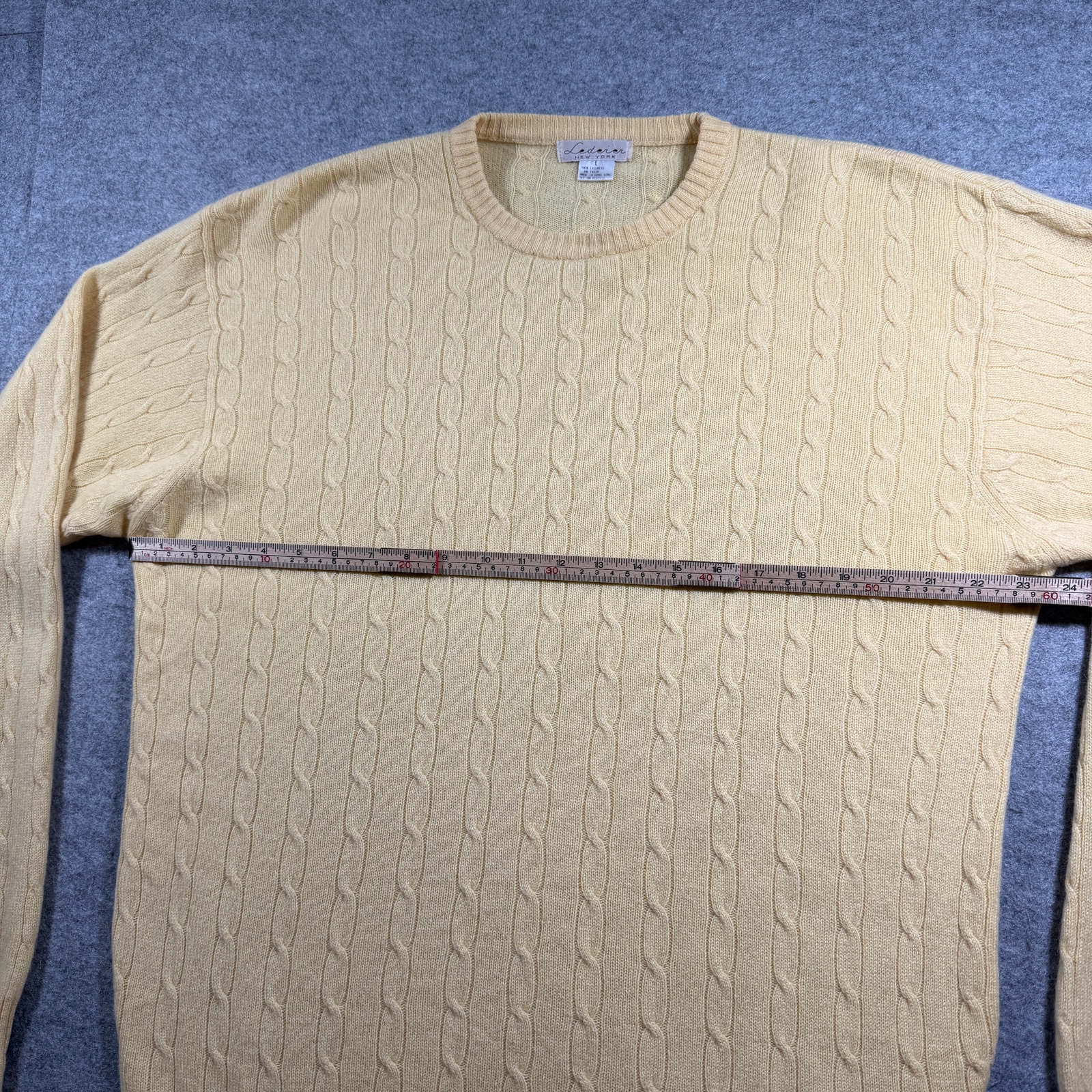 Lederer New York Luxury Cashmere Sweater Mens L Yellow Cable Knit Crewneck thumbnail 6