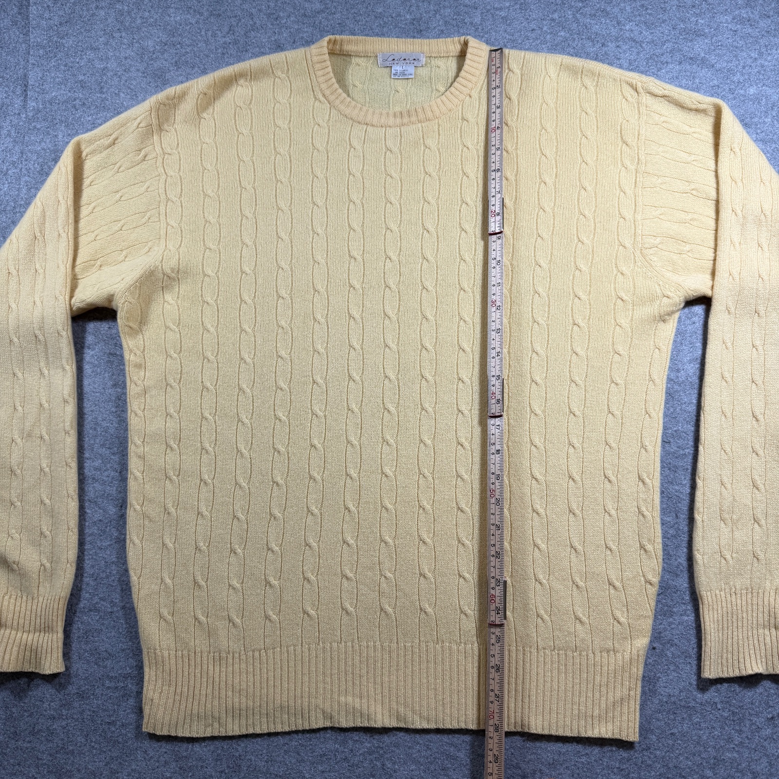 Lederer New York Luxury Cashmere Sweater Mens L Yellow Cable Knit Crewneck thumbnail 7