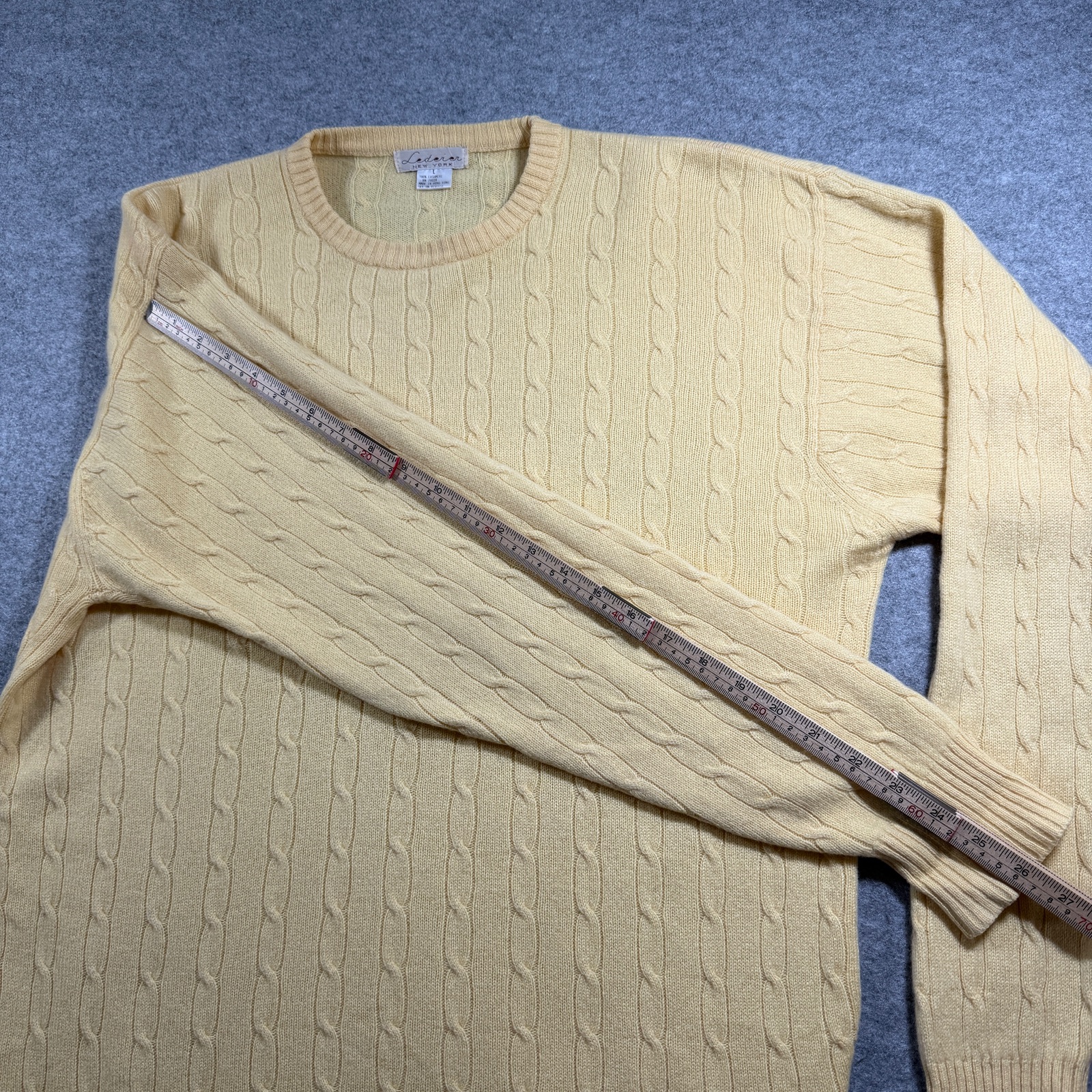 Lederer New York Luxury Cashmere Sweater Mens L Yellow Cable Knit Crewneck thumbnail 8