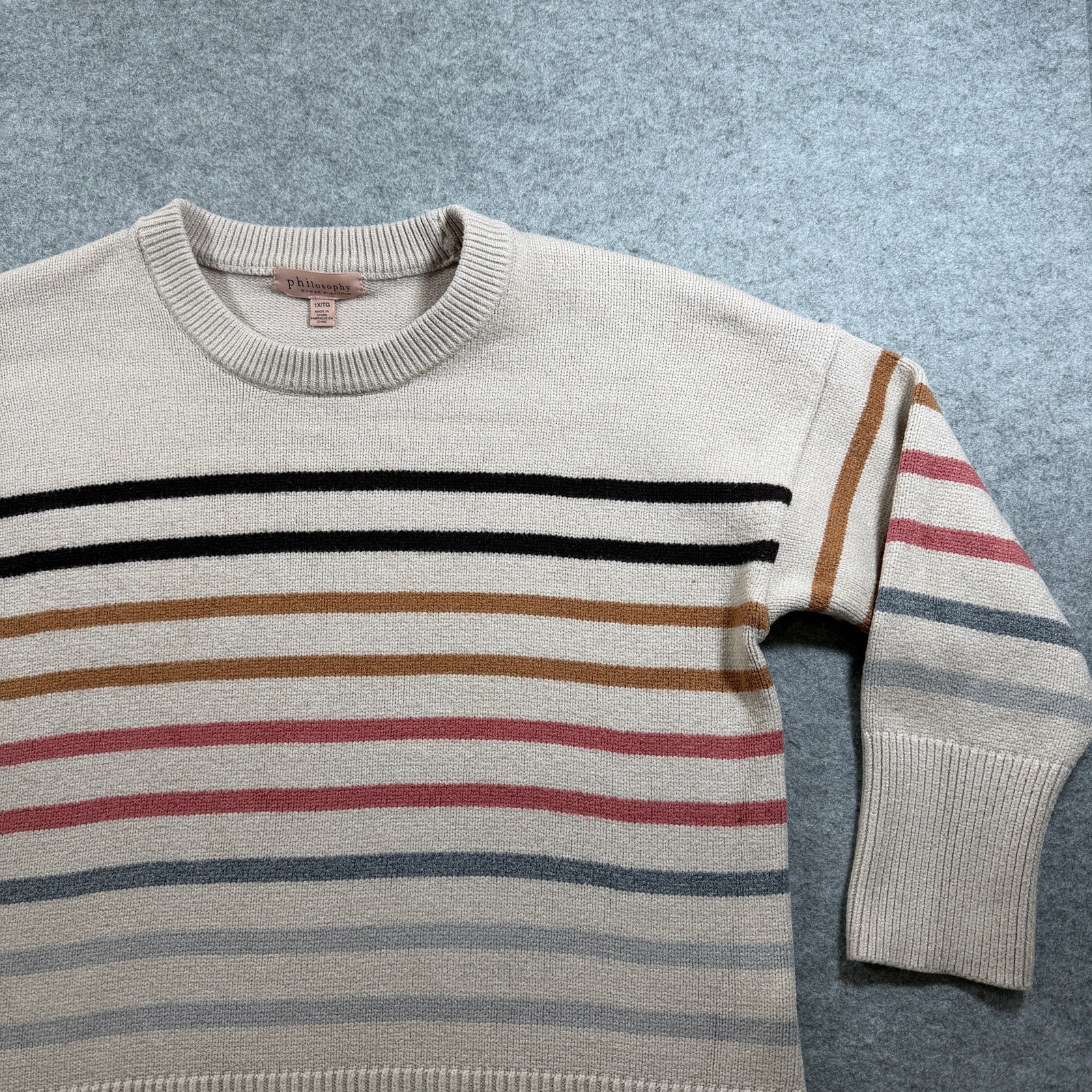 Philosophy Republic Clothing Sweater Womens XL Beige Multicolor Striped Crewneck thumbnail 4