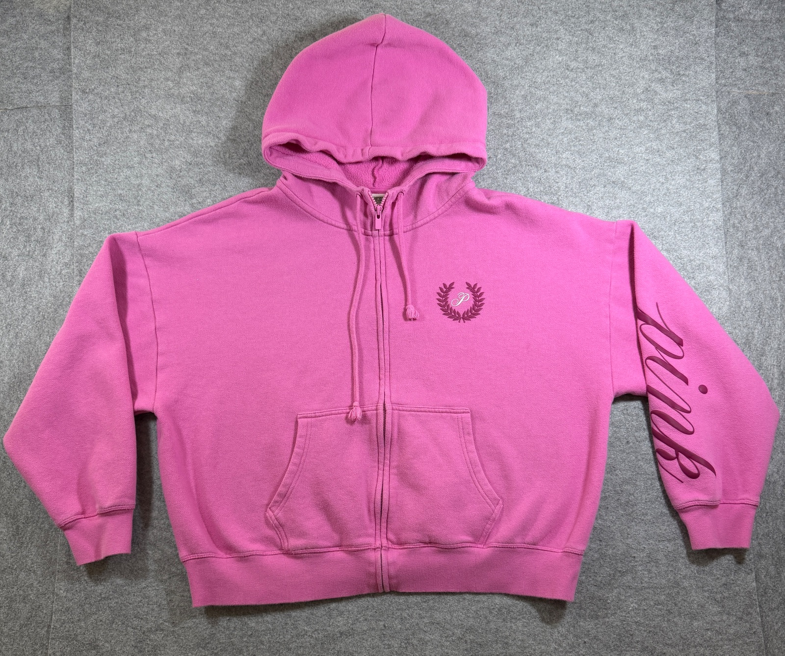 Victorias Secret PINK Cropped Logo Hoodie Womens L Full Zip Fleece Drop Shoulder