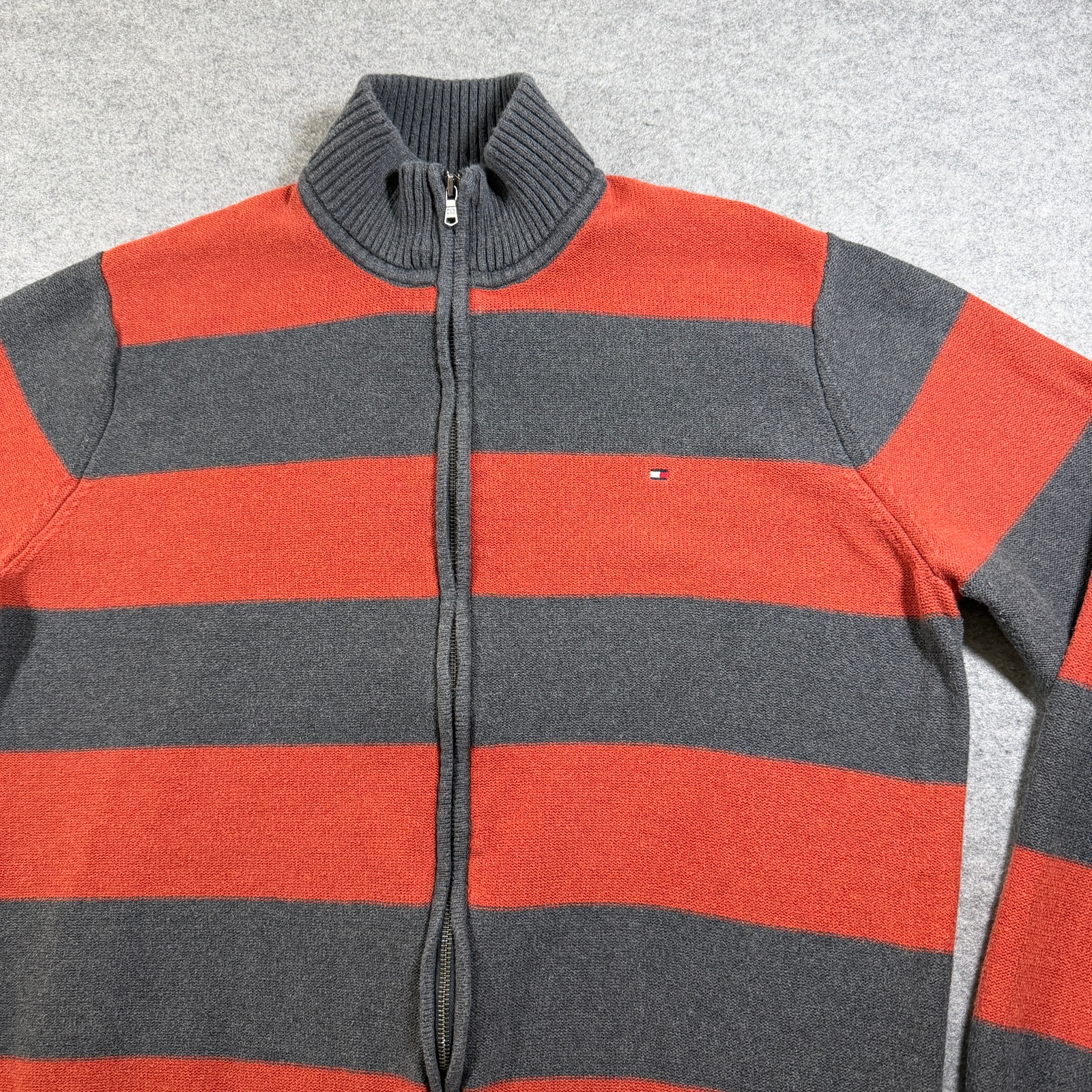 Tommy Hilfiger Full Zip Knit Sweater Mens XXL Orange Gray Striped Heavyweight thumbnail 2