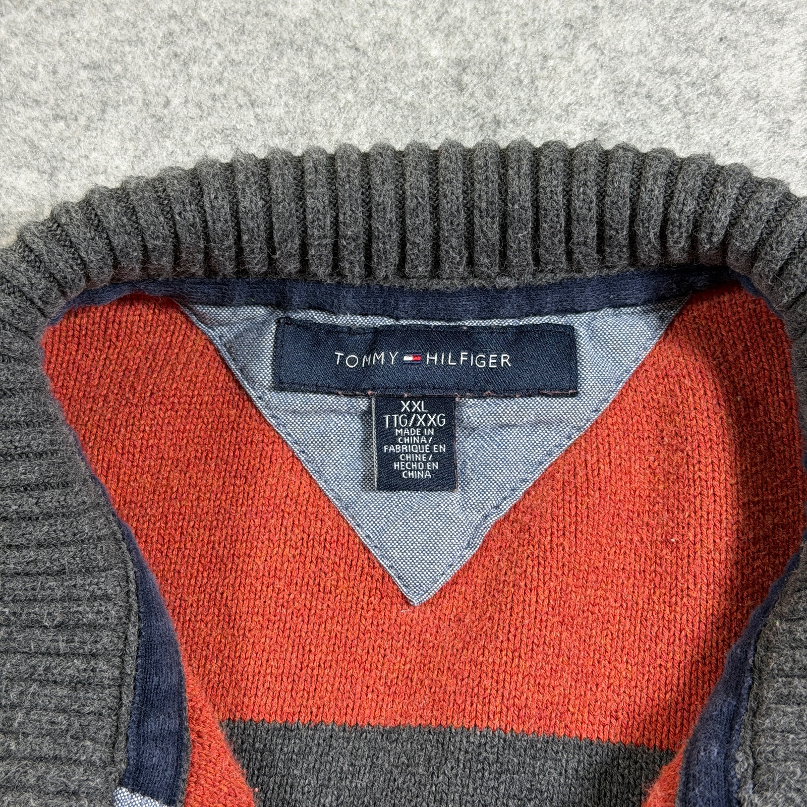 Tommy Hilfiger Full Zip Knit Sweater Mens XXL Orange Gray Striped Heavyweight thumbnail 5