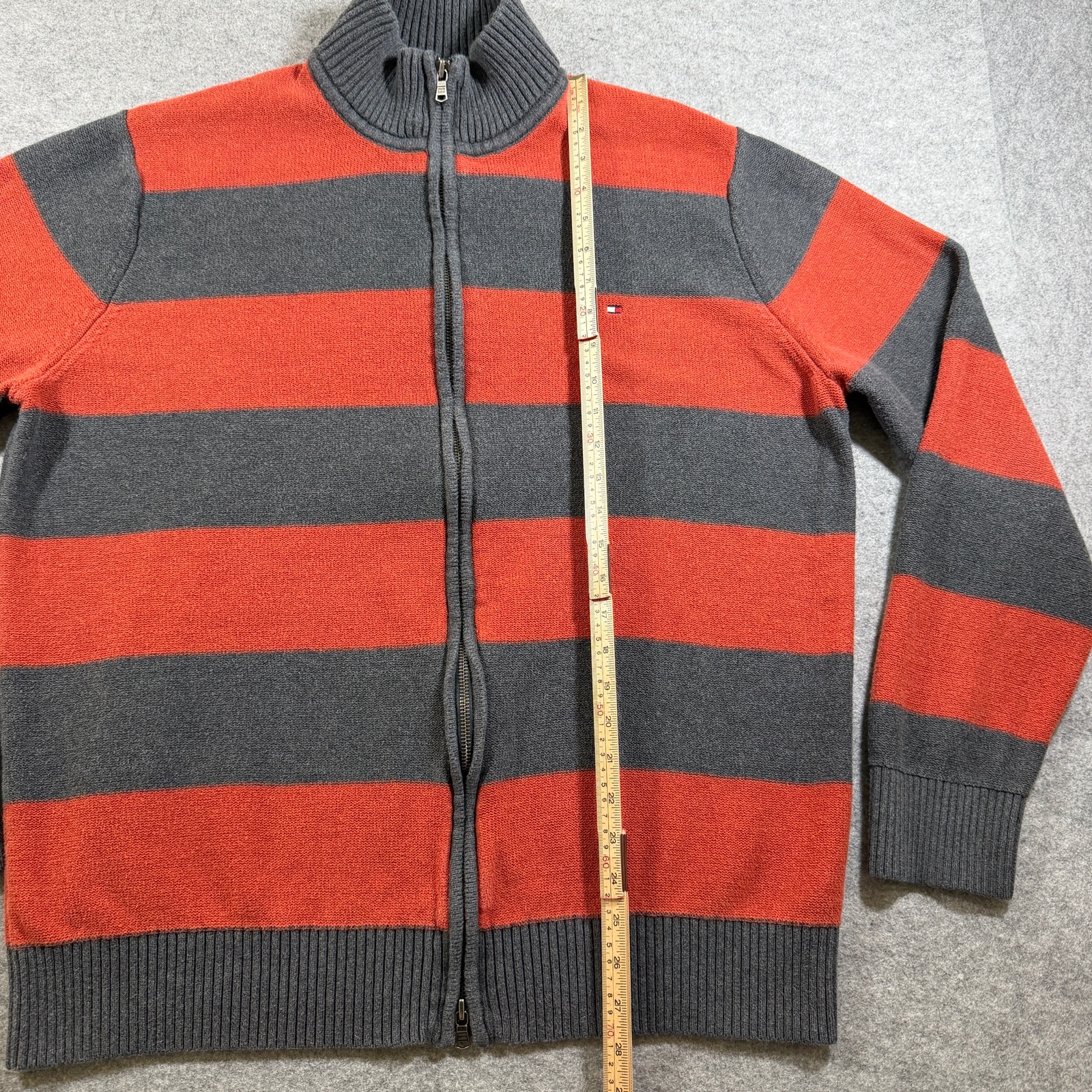 Tommy Hilfiger Full Zip Knit Sweater Mens XXL Orange Gray Striped Heavyweight thumbnail 6