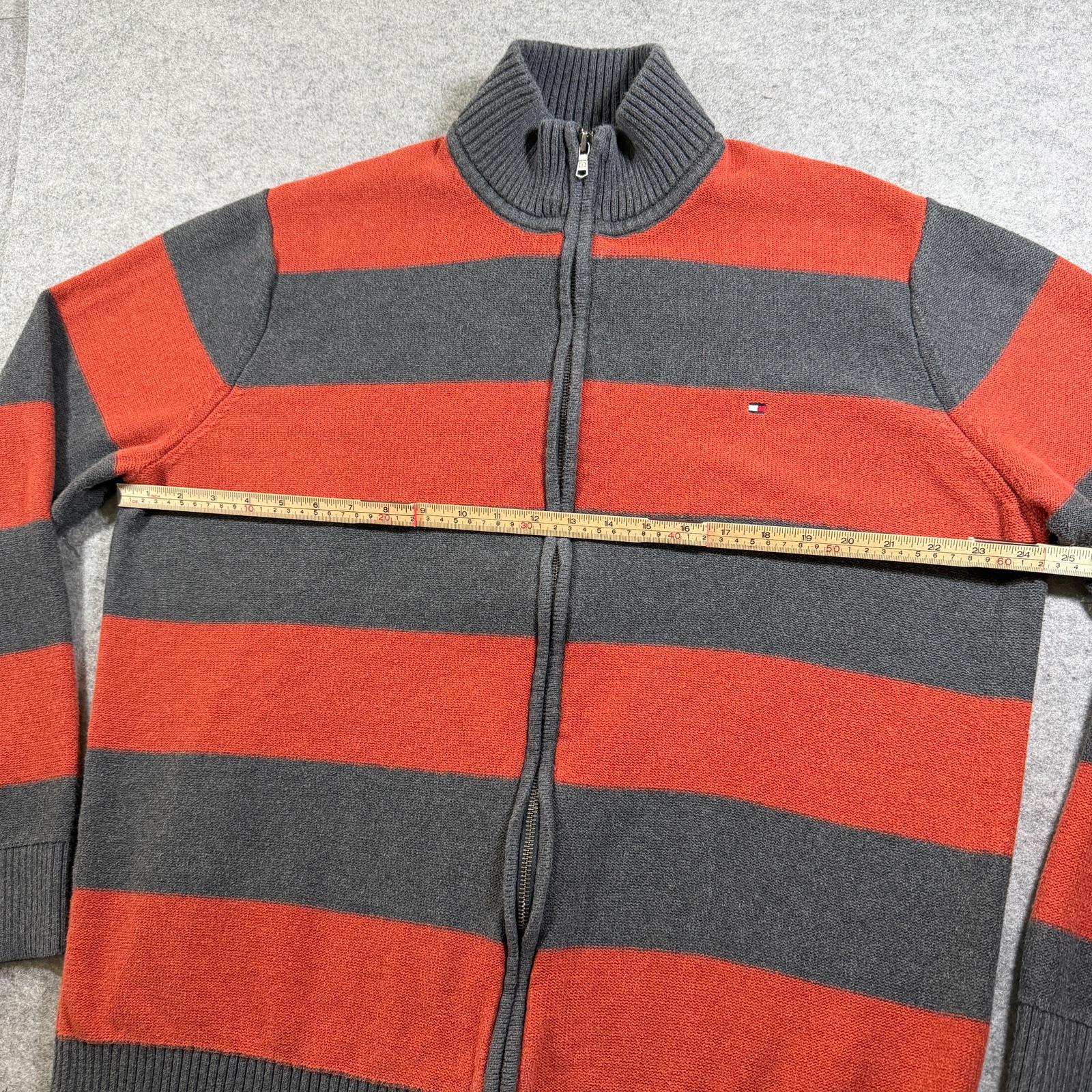 Tommy Hilfiger Full Zip Knit Sweater Mens XXL Orange Gray Striped Heavyweight thumbnail 7