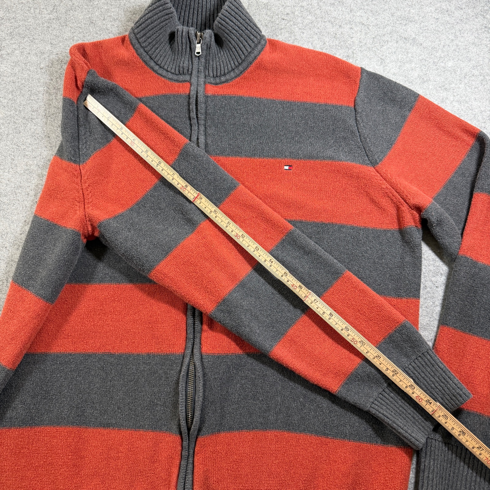Tommy Hilfiger Full Zip Knit Sweater Mens XXL Orange Gray Striped Heavyweight thumbnail 8