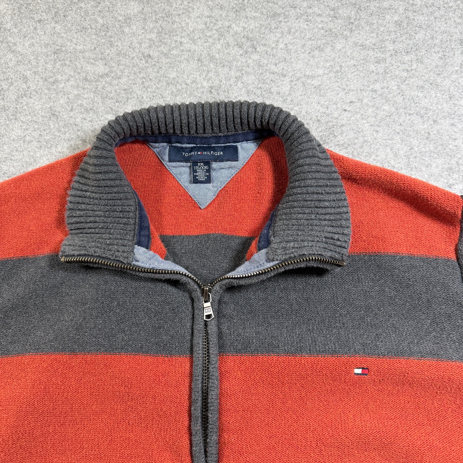 Tommy Hilfiger Full Zip Knit Sweater Mens XXL Orange Gray Striped Heavyweight thumbnail 9