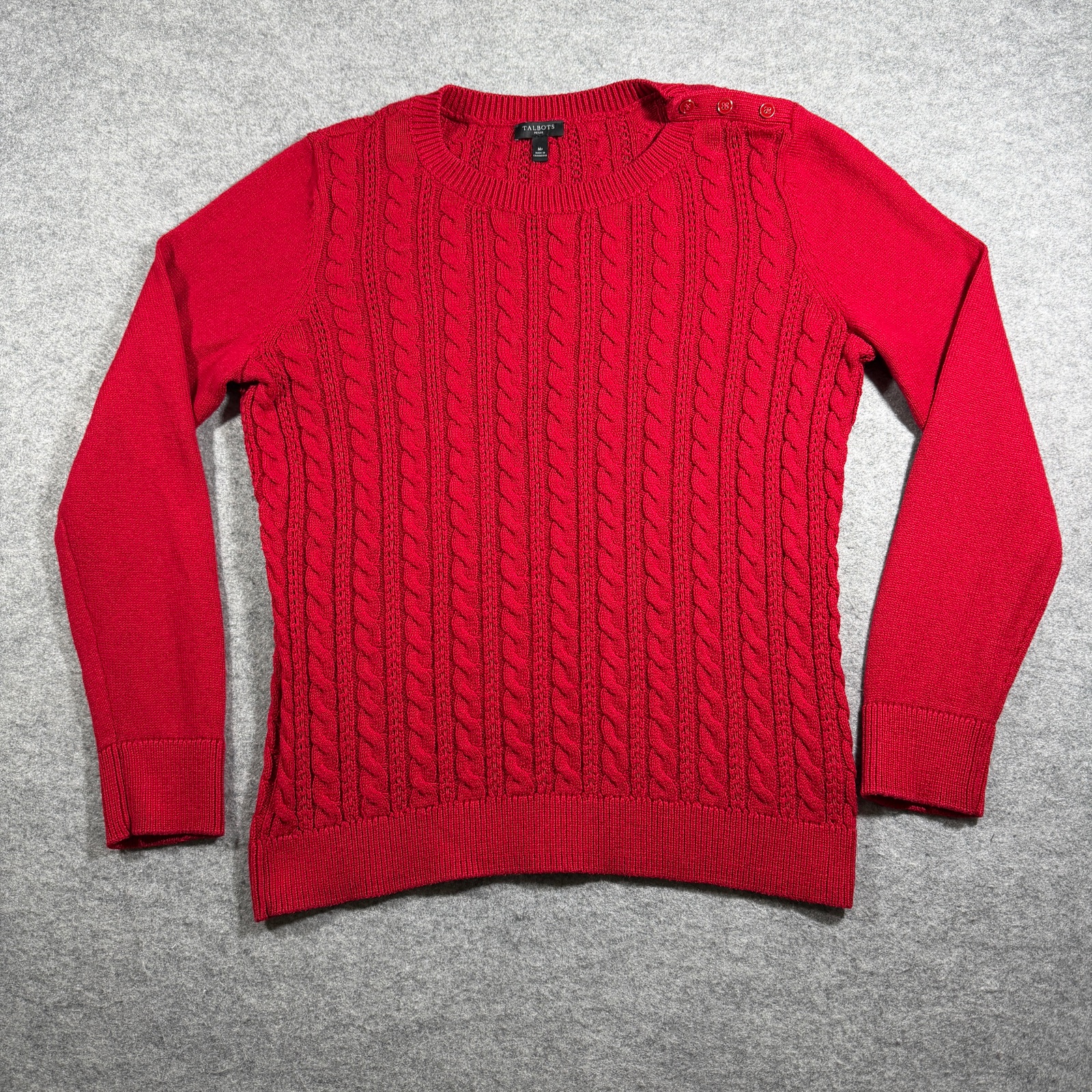 Talbots Cable Knit Sweater Womens M Red Cotton Button Shoulder Ribbed Cuffs