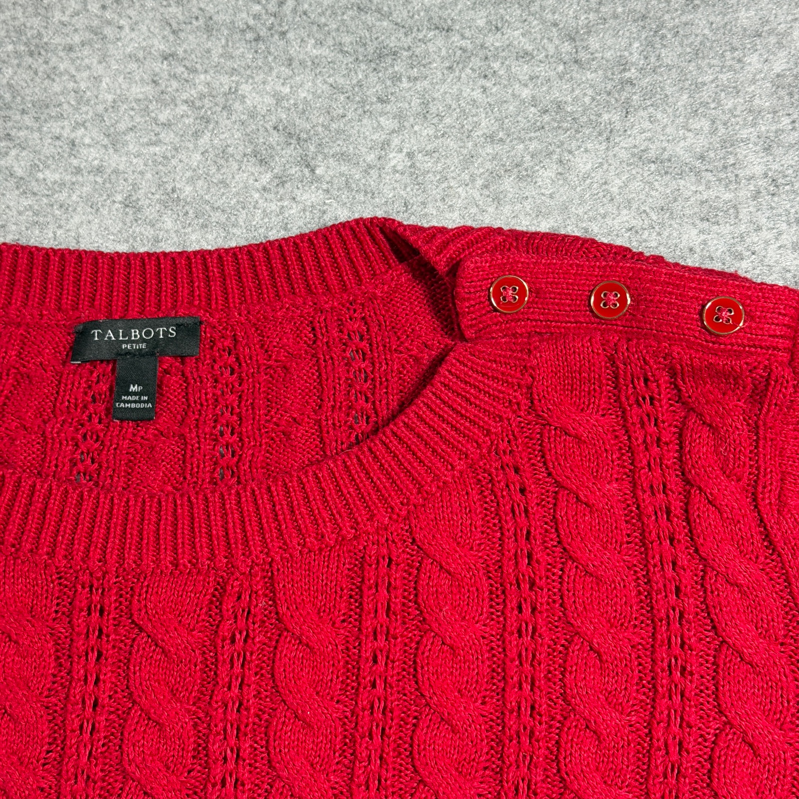 Talbots Cable Knit Sweater Womens M Red Cotton Button Shoulder Ribbed Cuffs thumbnail 3