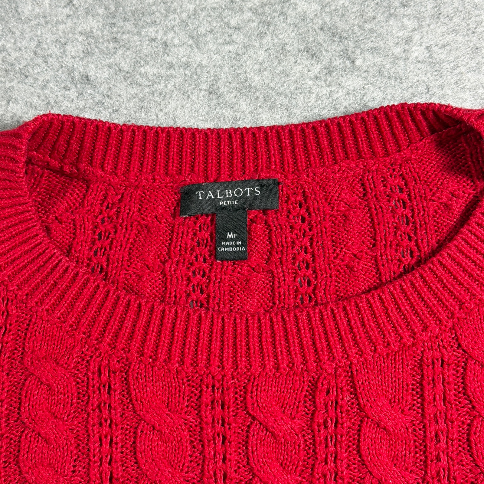 Talbots Cable Knit Sweater Womens M Red Cotton Button Shoulder Ribbed Cuffs thumbnail 4