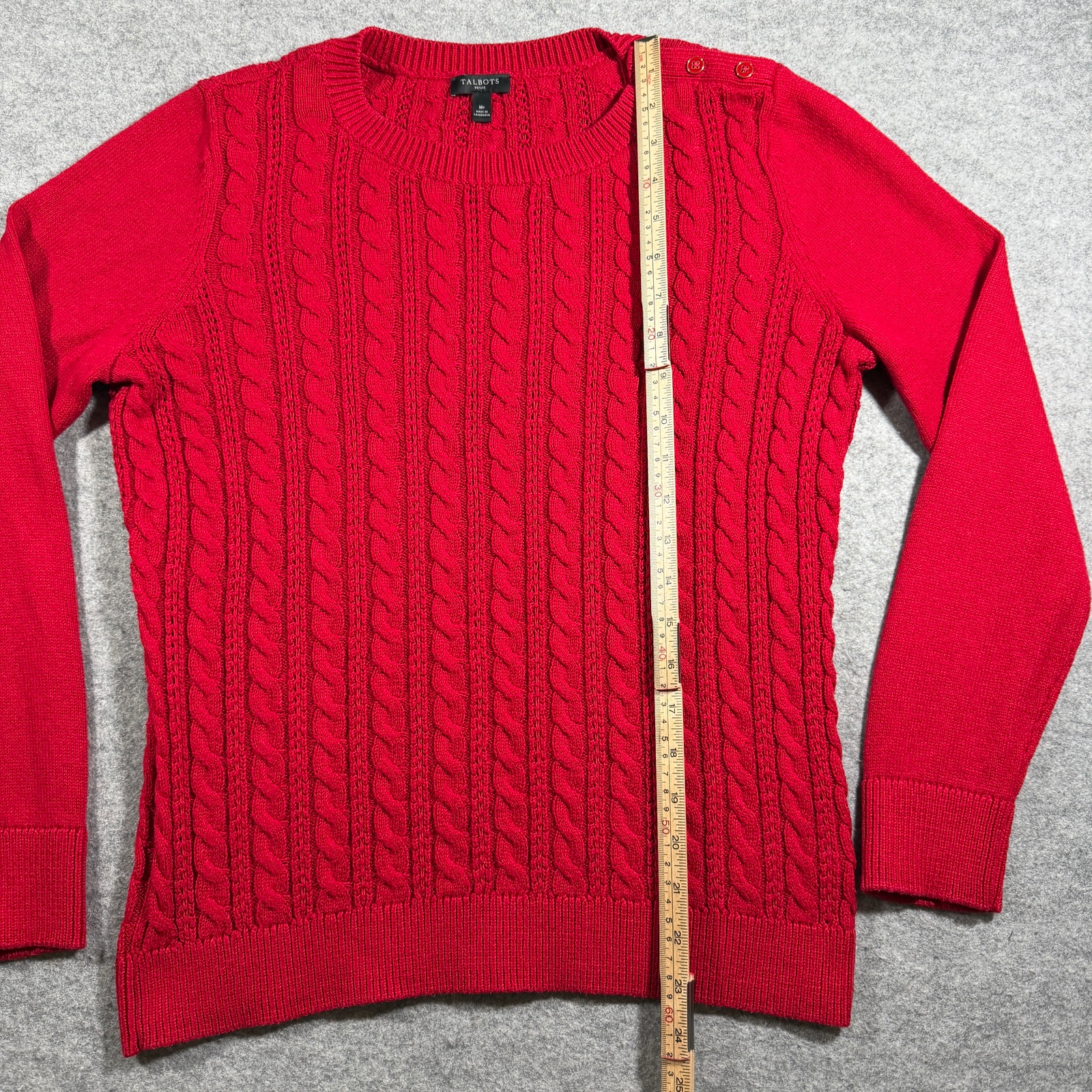 Talbots Cable Knit Sweater Womens M Red Cotton Button Shoulder Ribbed Cuffs thumbnail 5
