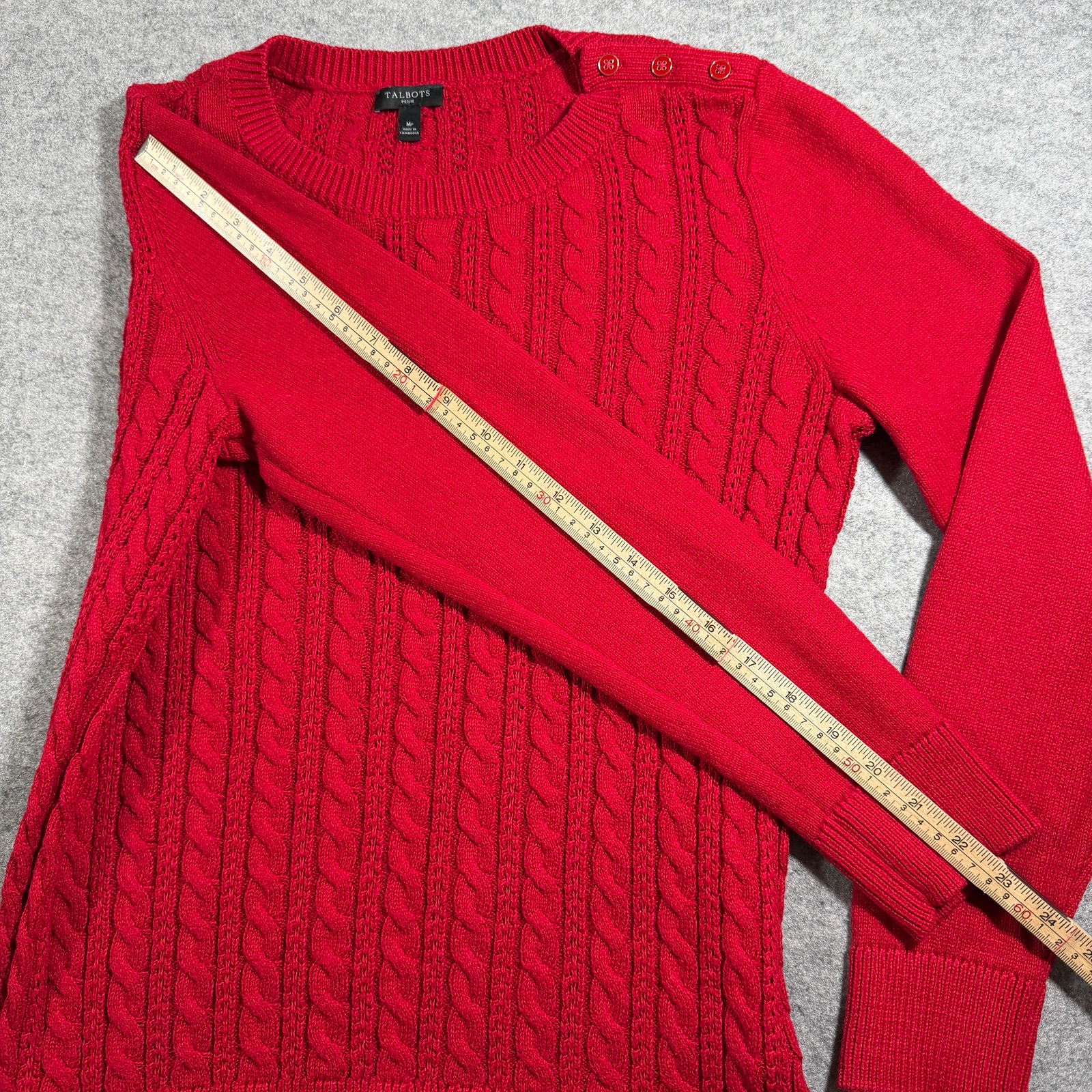 Talbots Cable Knit Sweater Womens M Red Cotton Button Shoulder Ribbed Cuffs thumbnail 6