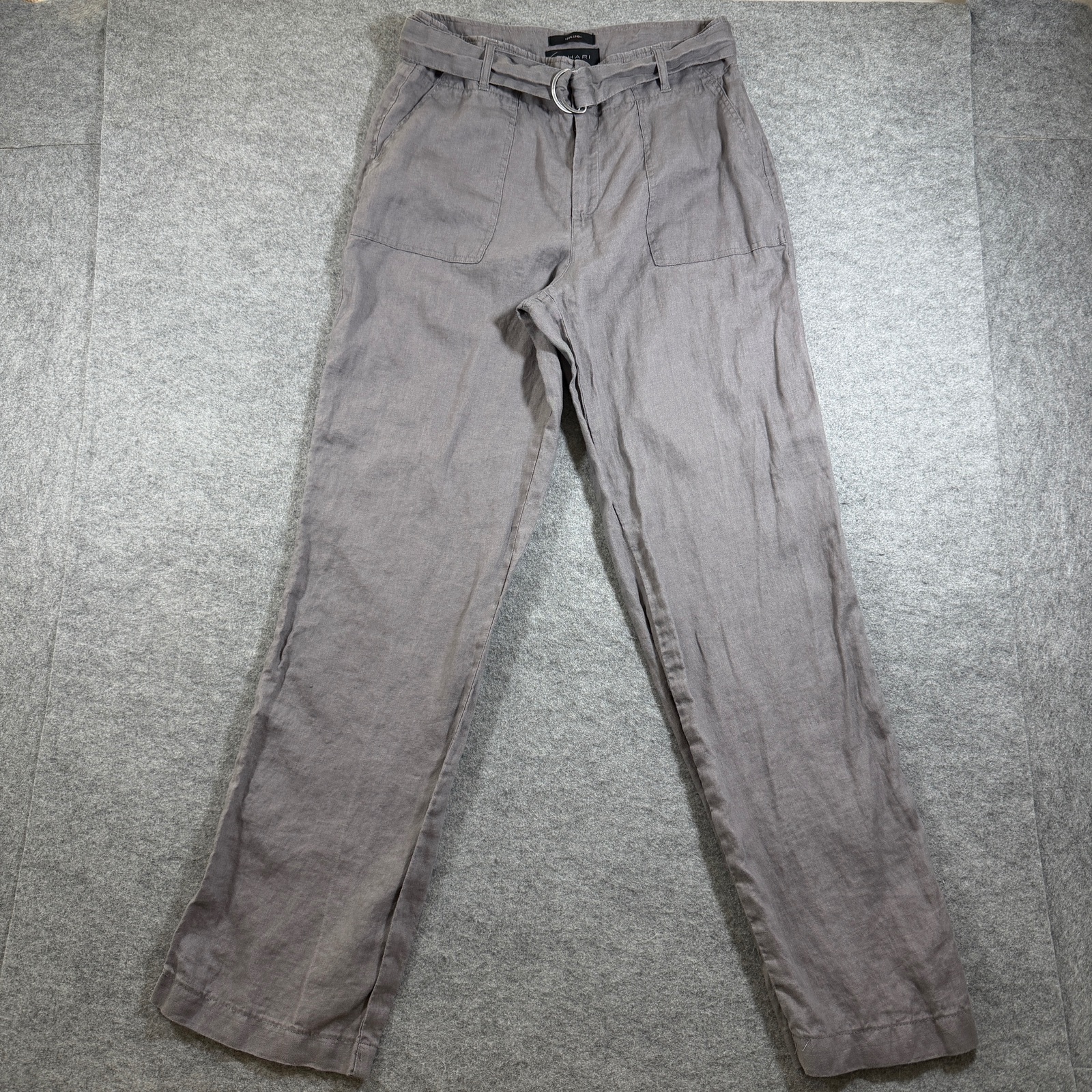 Tahari 100% Linen Pants Womens 6 Gray High Rise Belted Dress Trousers Summer
