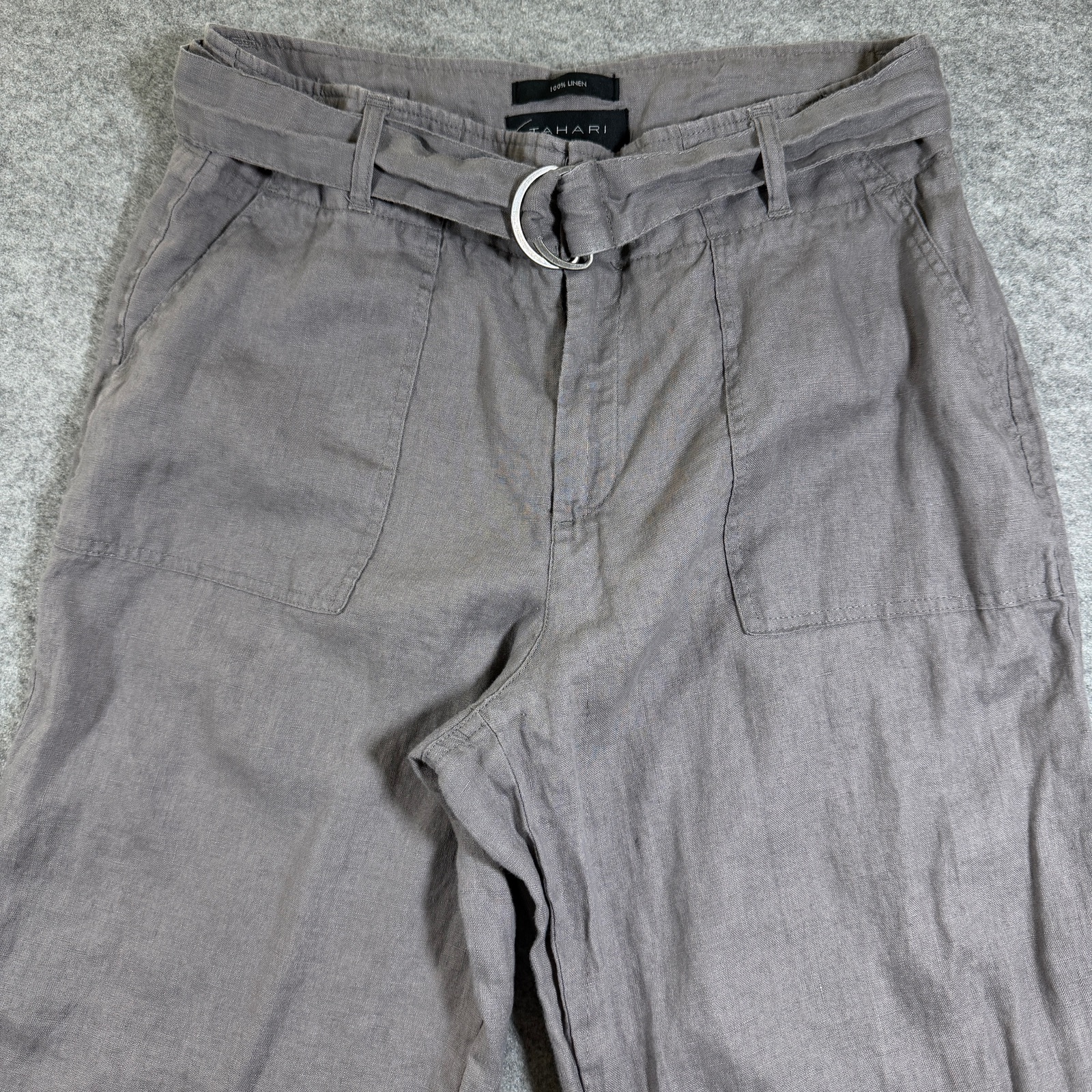 Tahari 100% Linen Pants Womens 6 Gray High Rise Belted Dress Trousers Summer thumbnail 3