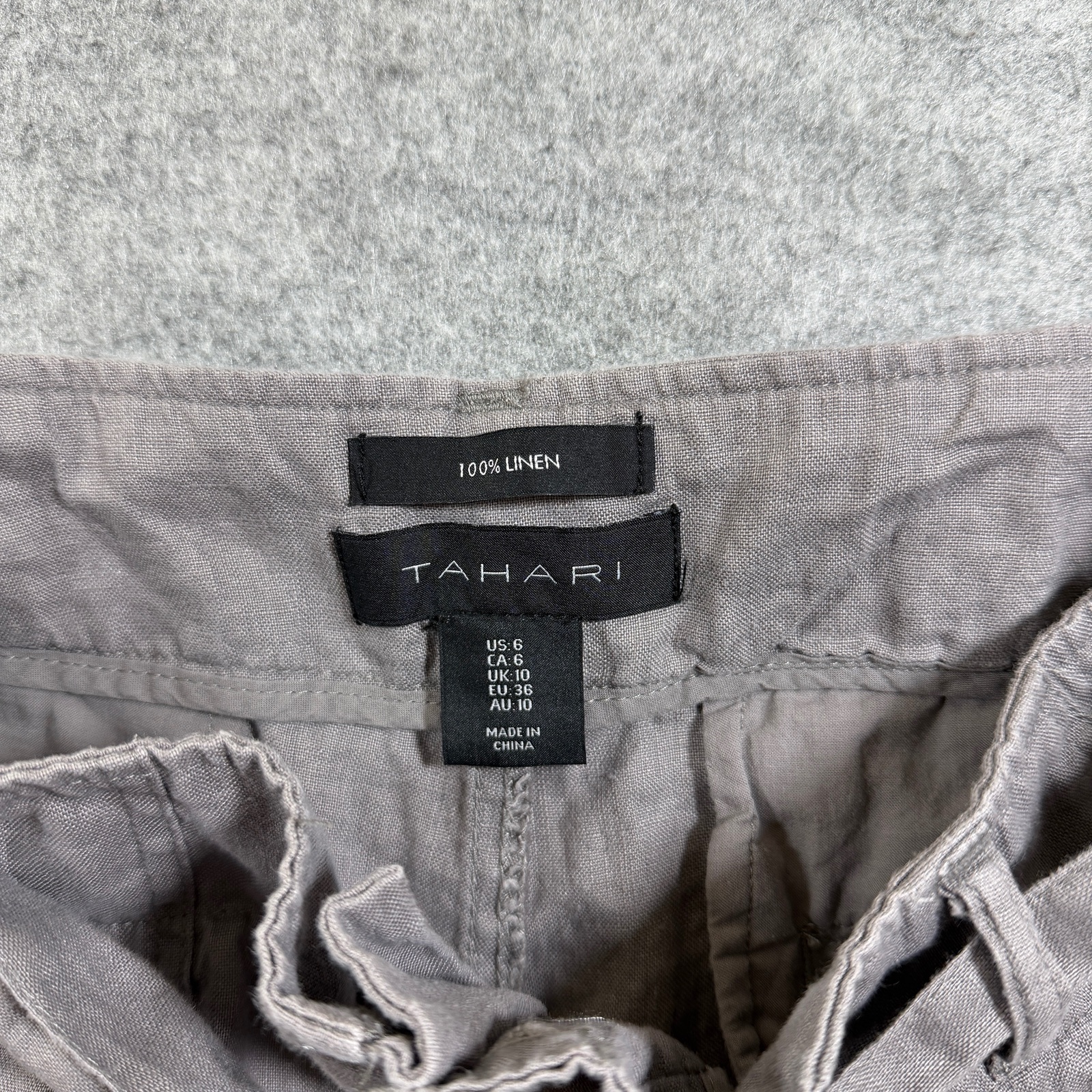 Tahari 100% Linen Pants Womens 6 Gray High Rise Belted Dress Trousers Summer thumbnail 4