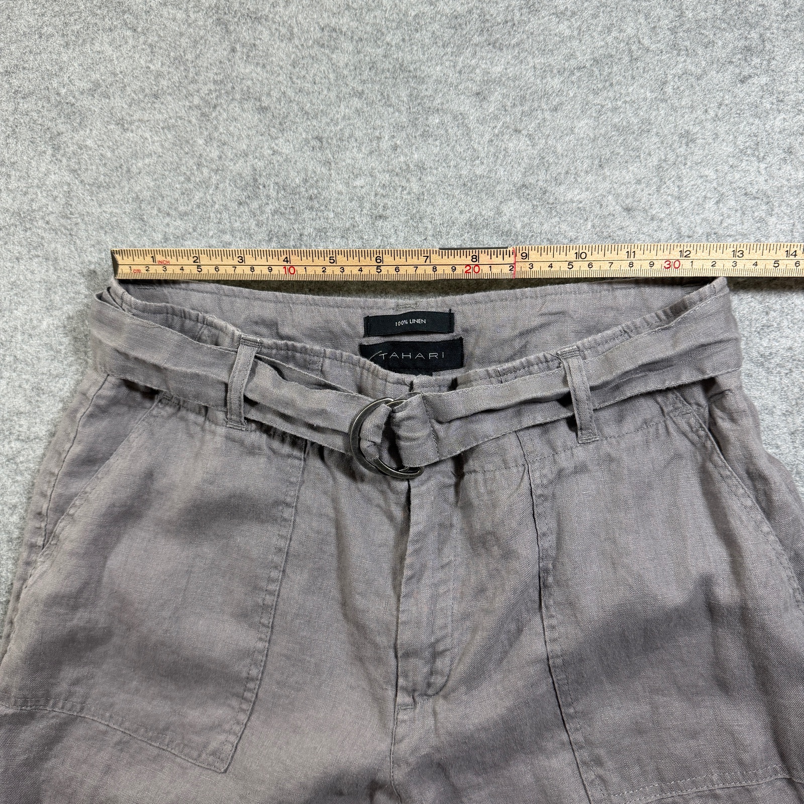 Tahari 100% Linen Pants Womens 6 Gray High Rise Belted Dress Trousers Summer thumbnail 6