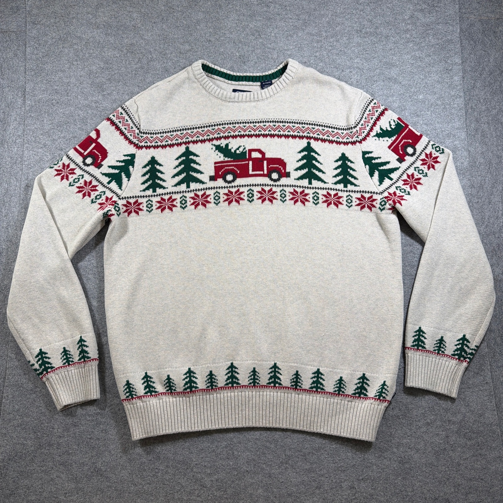 Chaps Fair Isle Christmas Sweater Mens XL Cream Cotton Holiday Truck Tree Knit