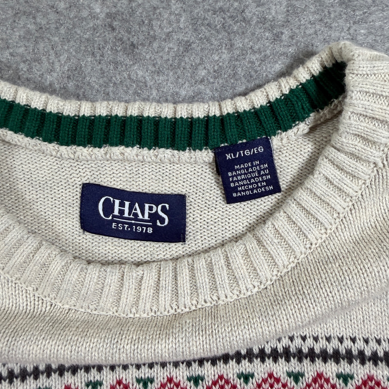 Chaps Fair Isle Christmas Sweater Mens XL Cream Cotton Holiday Truck Tree Knit thumbnail 3