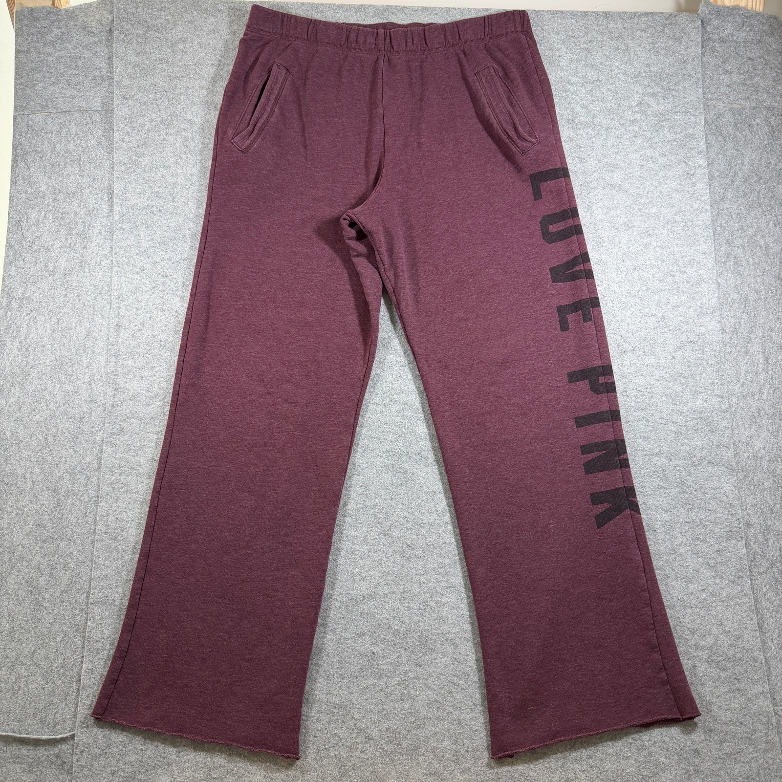 PINK Victorias Secret Love Pink Sweatpants Womens L Maroon Raw Hem Cotton Lounge