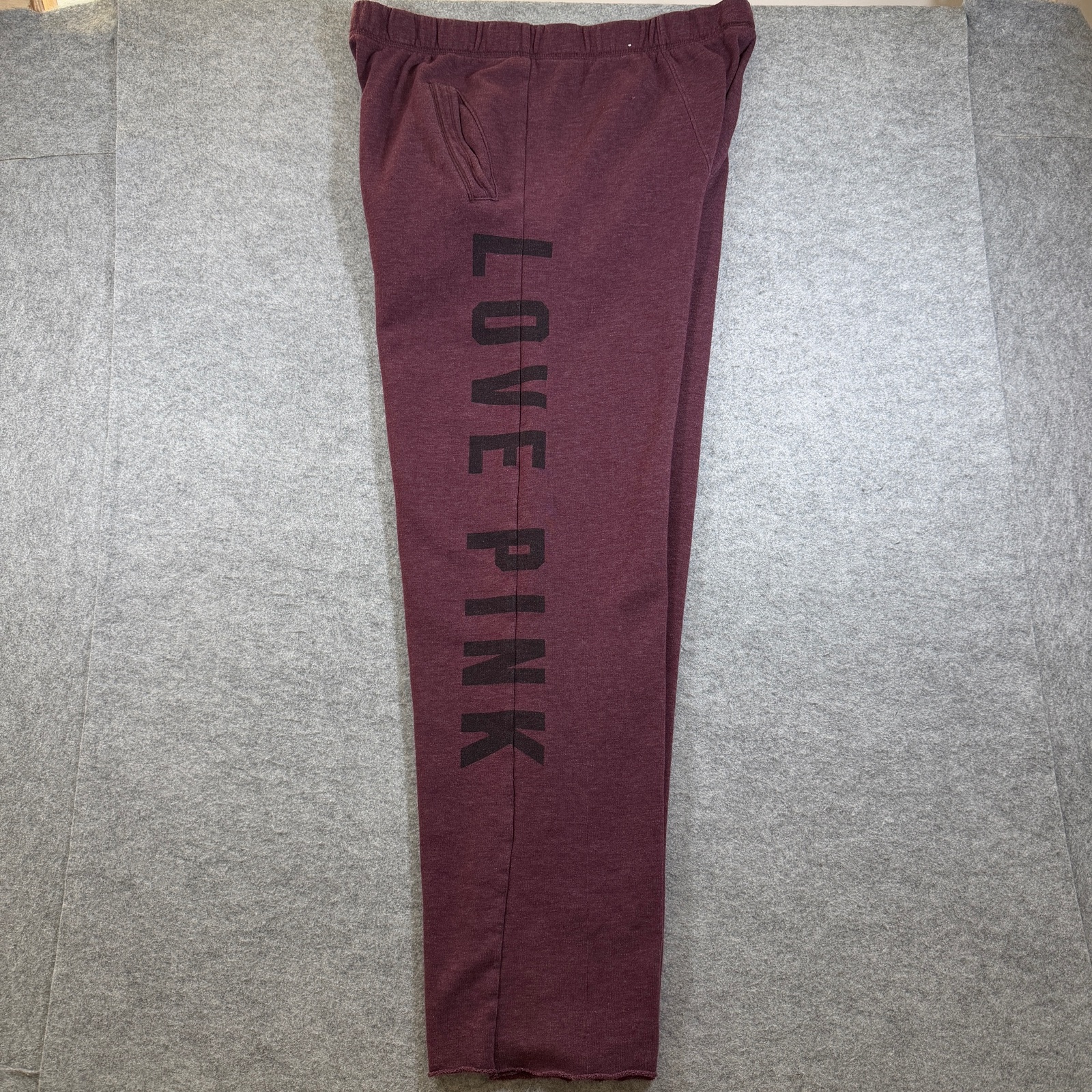 PINK Victorias Secret Love Pink Sweatpants Womens L Maroon Raw Hem Cotton Lounge thumbnail 3